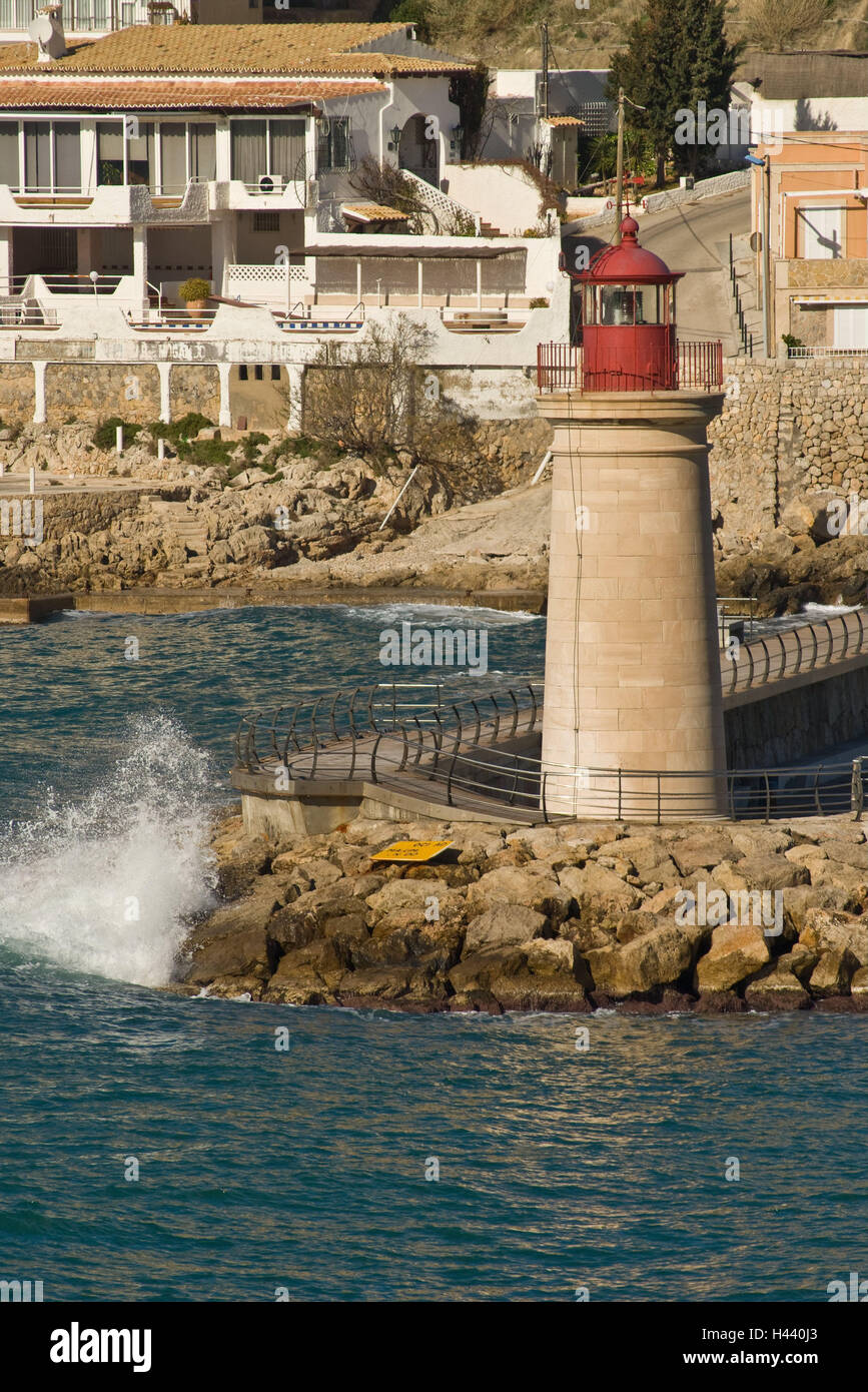 Spain, Majorca, port d'Andratx, Badia de Andratx, coast, lighthouse, the Balearic Islands, Balearic Islands island, coastal region, the Mediterranean Sea, surf, harbour mole, bile coast, houses, buildings, residential houses, tower, flare signal, destination, tourism, navigation, navigation help, winter, Stock Photo