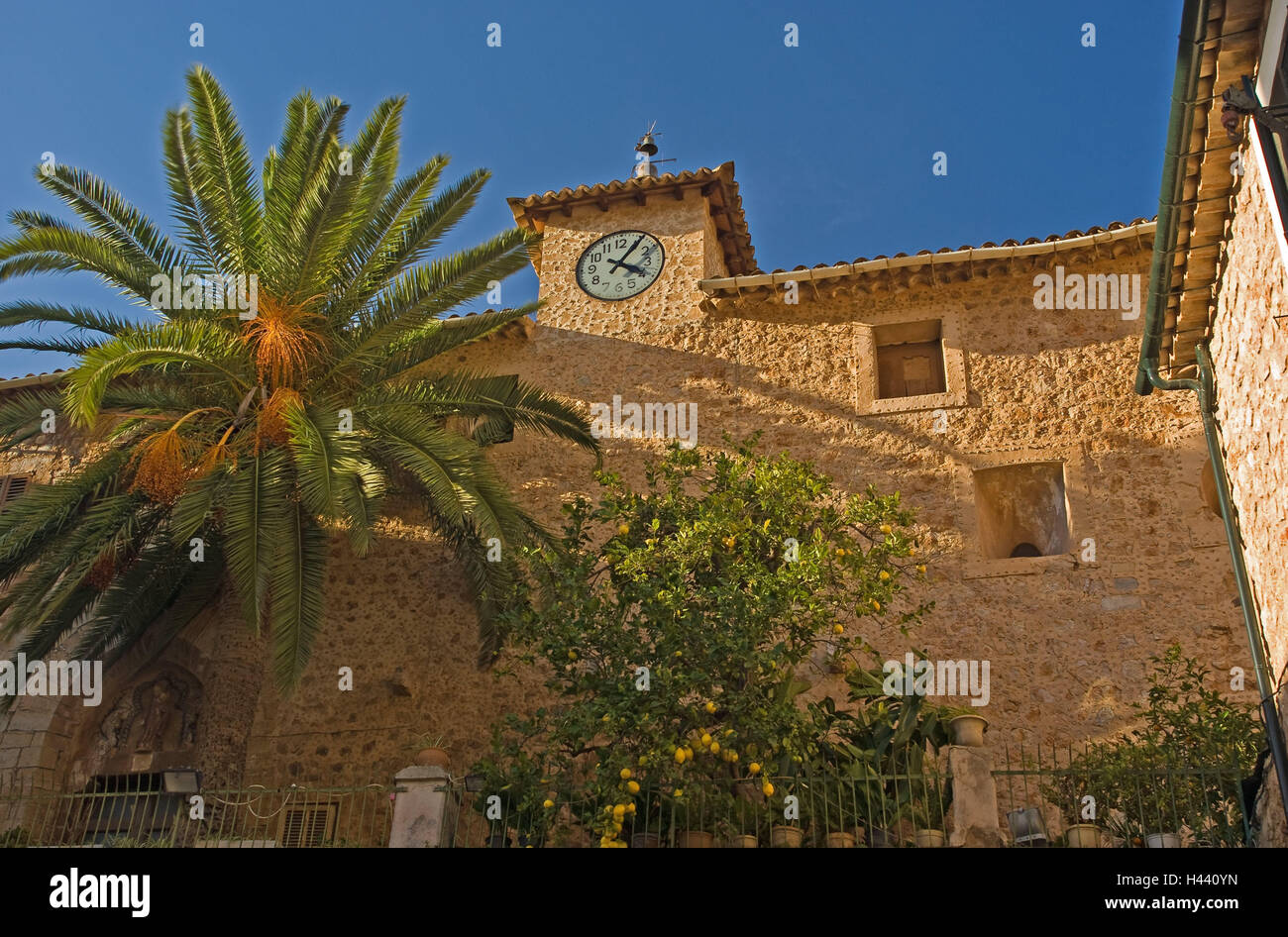 Spain, Majorca, Fornalutx, building, clock tower, detail, Stock Photo