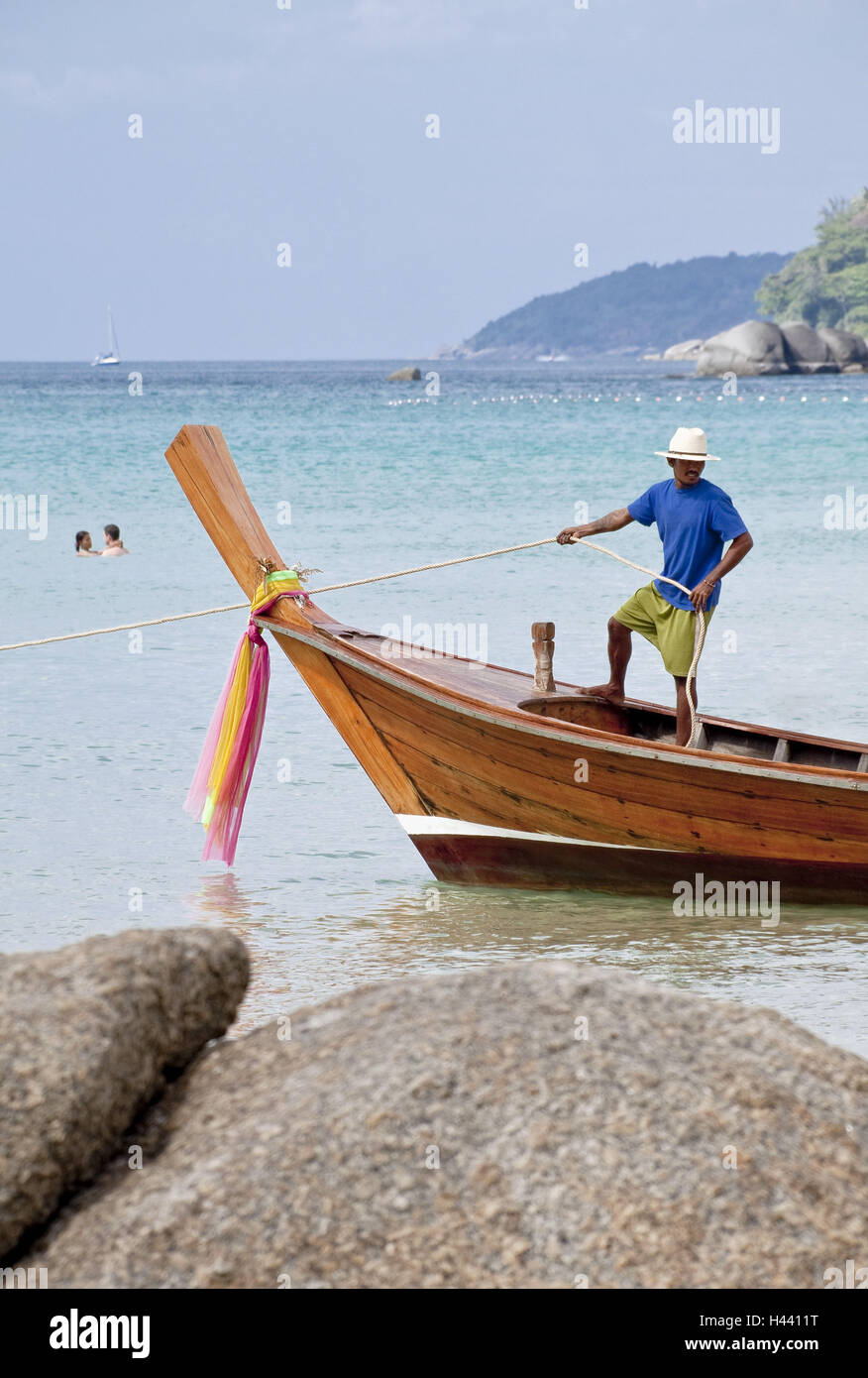 Thailand, island Phuket, Kata, bile coast, Longtailboot, Fischer, Stock Photo