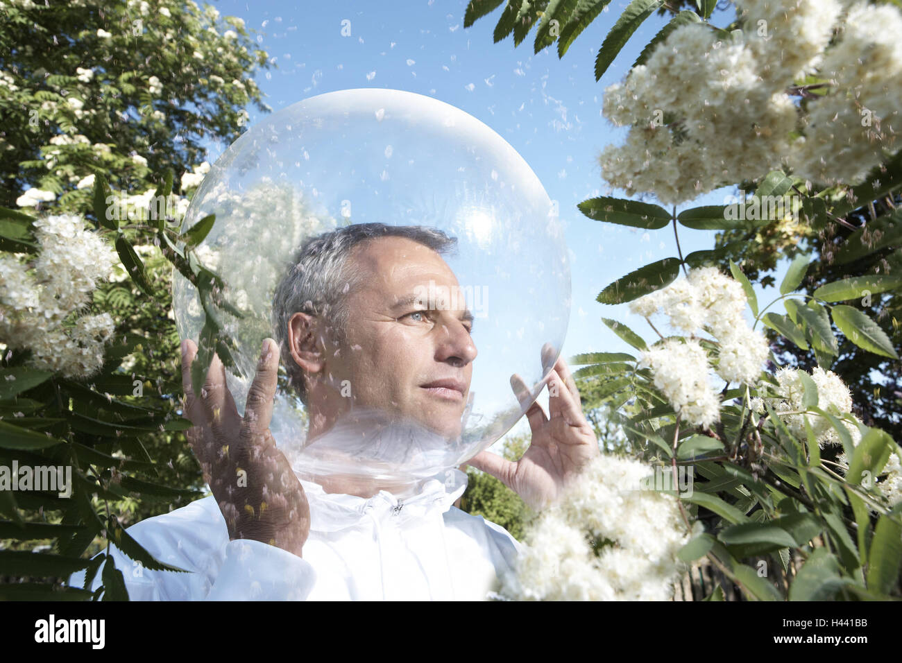 Garden, shrub, blossoms, man, head, glass ball, gesture, icon, allergy, protection, isolation, model released, people, defence, conception, shrubs, blossom, protect disease, allergically, reaction, measure, counterweir, security, avoidance, allergens, pollings, flower pollings, polling allergy, hay fever, hypersensibility, sensibility, resistant, insensitively, covers, finished, refuse, isolate, immune, immunity, sensitively, insensitively, sensibility, insensitiveness, self protection, prevention, transparency, outside, Stock Photo