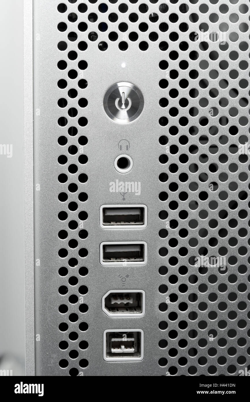 Computer, power button, connections, close up Stock Photo Alamy