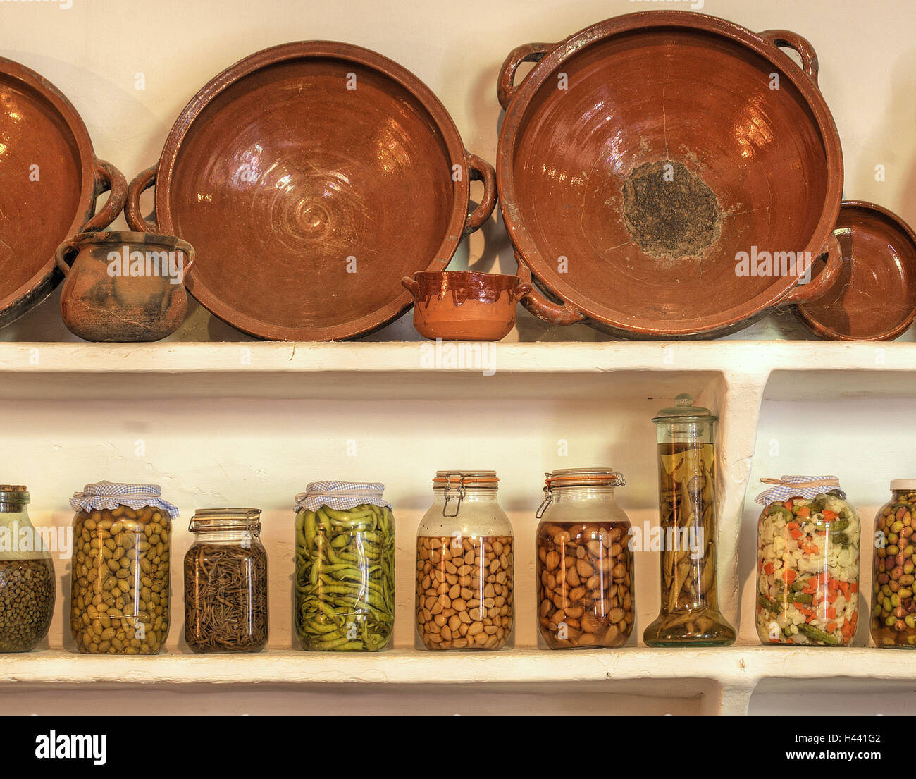 Spain, the Balearic Islands, island Majorca, La Granja, shelf, bottling jars, ceramics peels, Stock Photo