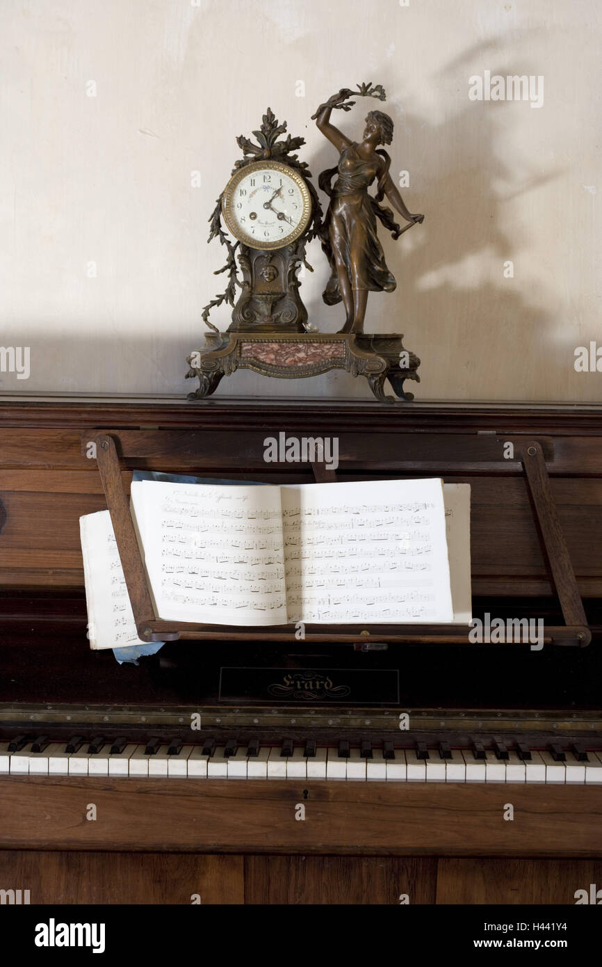 Piano, sheet music, clock, nostalgically, Stock Photo