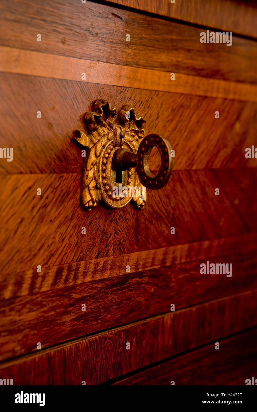 Cupboard door, key, antique, wooden, medium close-up, detail, Stock Photo
