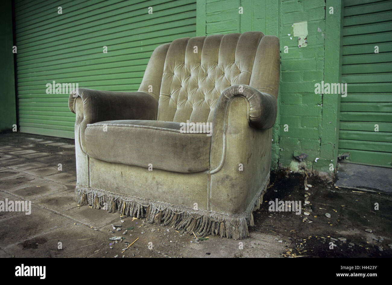 Building, facade, green, upholstered chair, old, chair, seat opportunity, armchair, dirtily, discards, exit neglectedly, dilapidatedly, forget, garbage, bulky refuse, nobody, Stock Photo