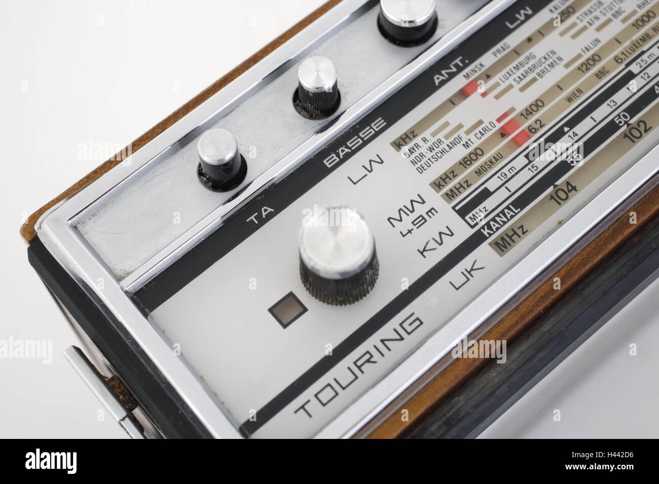 Radio, Schaub Lorenz, Touring, nostalgically, detail, no property release, product photography, studio recording, cut out, music, portable, portably, old, nostalgia, becomes outdated, technology, 70th, 60th, reception, transmitter, scale, regulator, butto Stock Photo