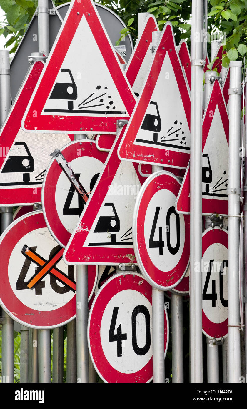 Road signs, many, in of a mess, red, signs, sign chaos, jungle road signs, traffic, icon, traffic, traffic sign, figure, warning, attention, speed, speed limit, retention, Stock Photo