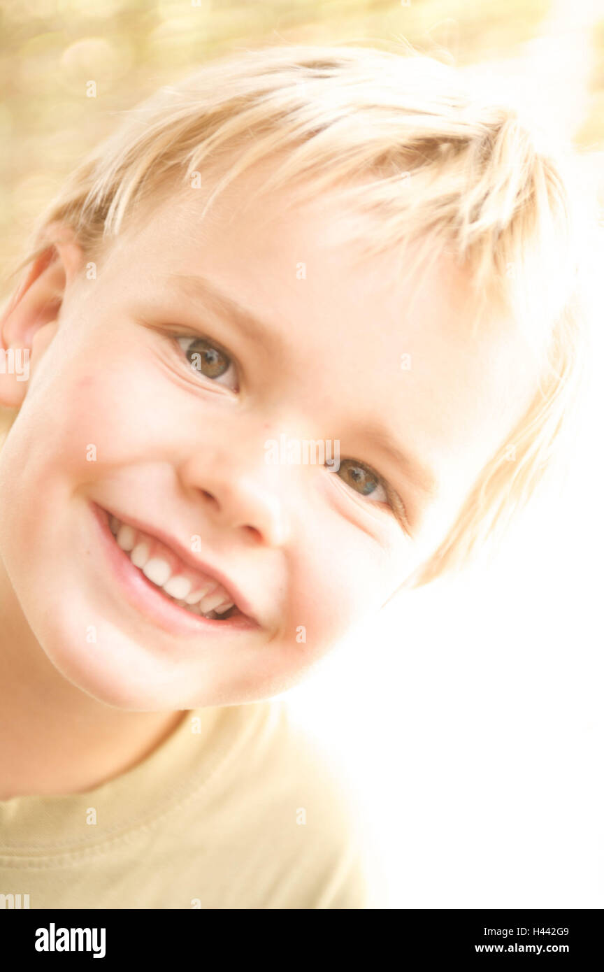 Boy, blond, smile, radiate view camera, portrait, child, summer, the sun, sunny, happy, childhood, lighthearted, fun, look, openly, course, brightly, sunny, Stock Photo