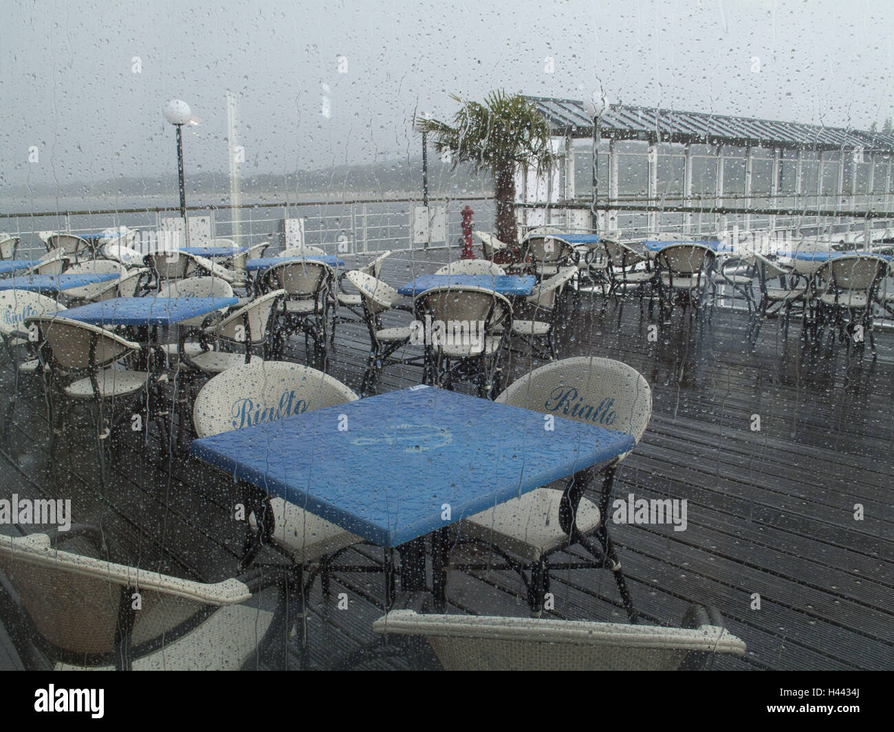 Restaurant terrace, blank, rain weather, the Baltic Sea, Germany, Stock Photo