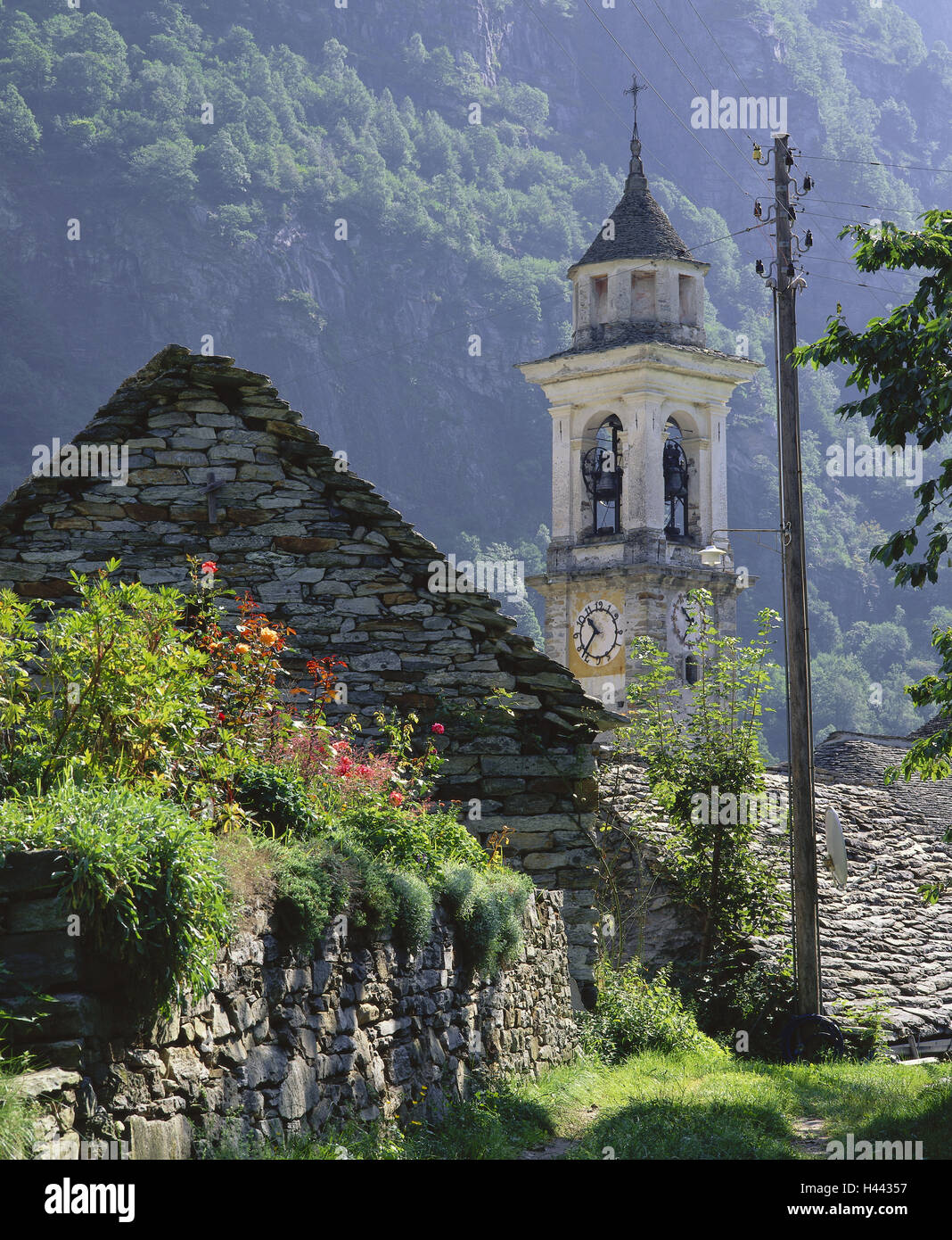 Switzerland, Ticino, mountain village Sonogno, houses, detail, steeple, Europe, alp room, place, village, residential houses, stone houses, stone structure way, typically, summer, outside, deserted, building, architecture, church, tower, church, sacred co Stock Photo