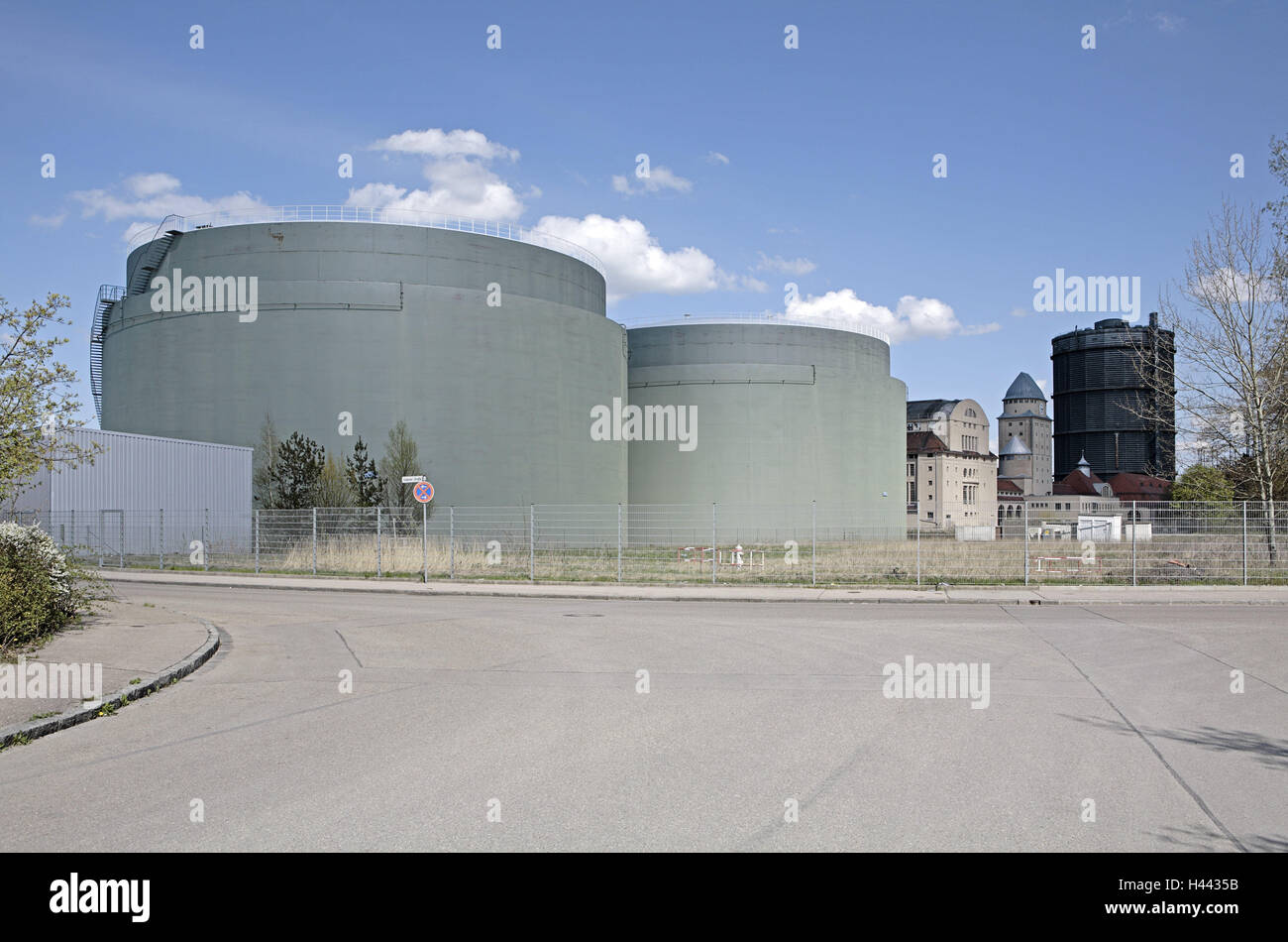 Gasworks, outside, Bavaria, Germany, Europe, street, town, Augsburg, deserted, historic architectural monument, building, energy, energy supplier, gas, gas tank, gasometre, gas memory, gas supply, structure, architecture, Stock Photo