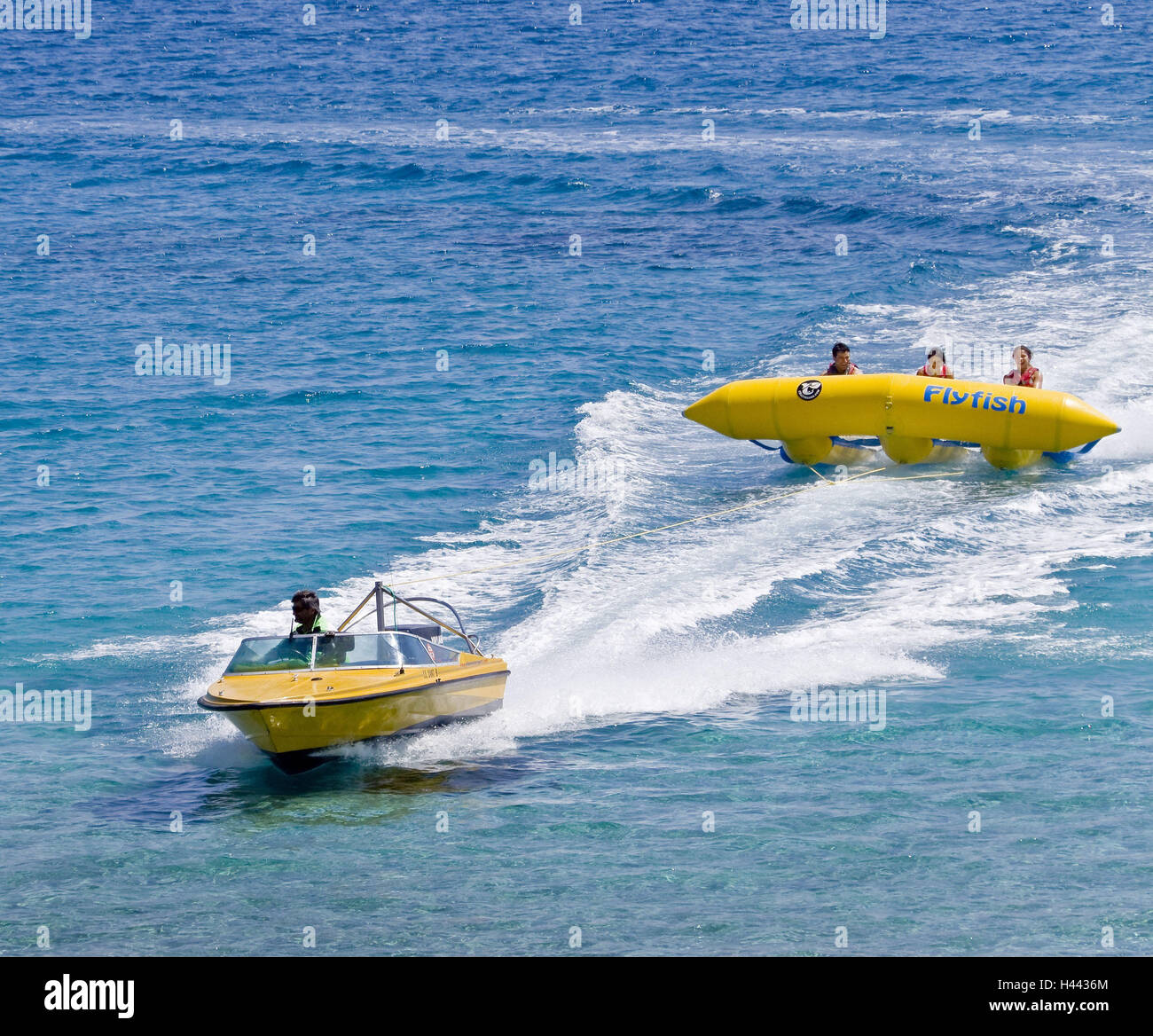 Sea, Motorboat, fly fishing, tourist, Action, water, sea, people, fun, attraction, tourism, tourist attraction, Cyprus, Protaras, Mediterranean, inflatable, water sports, Stock Photo