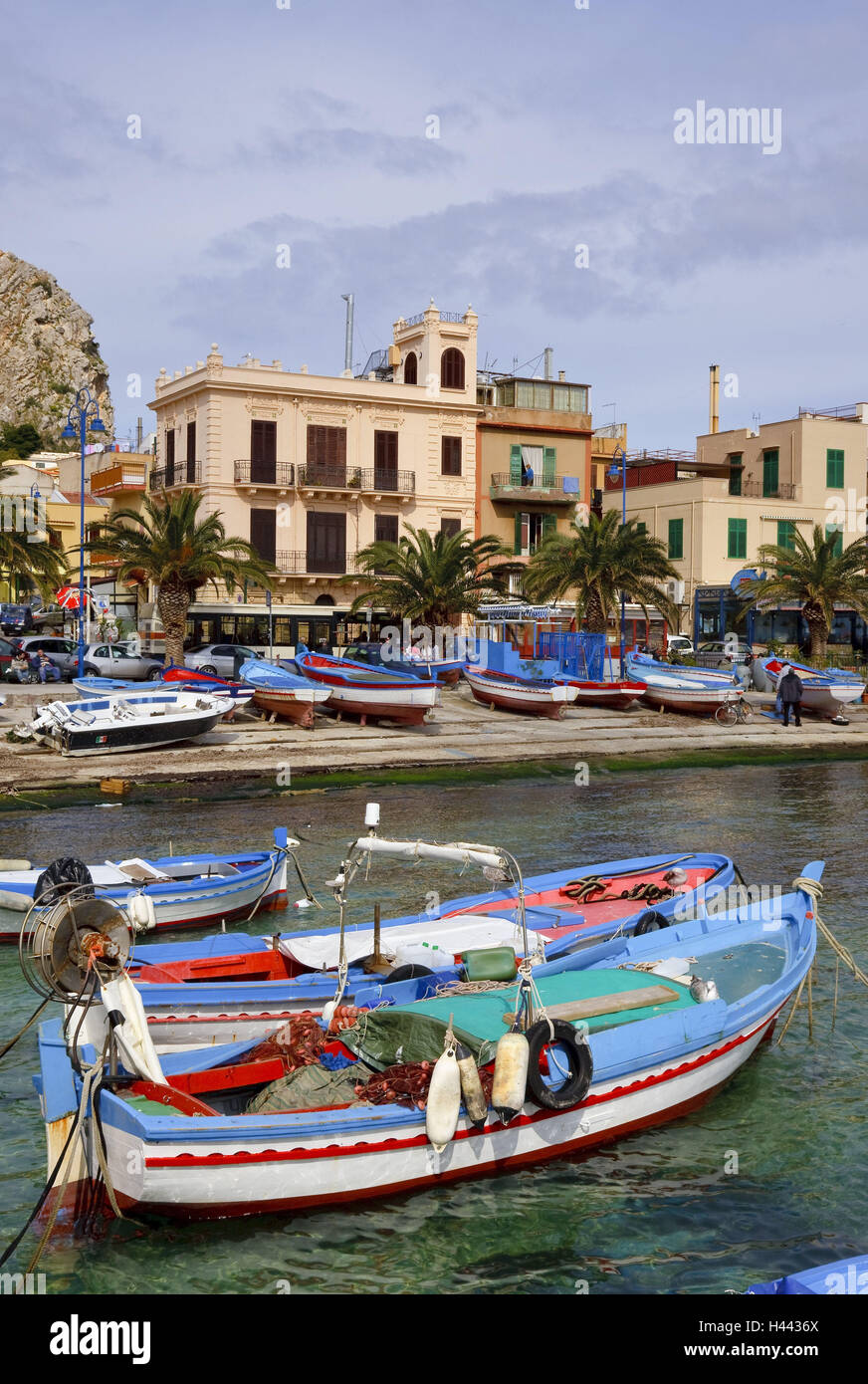Italy, Sicily, Mondello, town view, harbour, boots, Europe, Southern, Europe, town, port, building, houses, architecture, landing stage, fishing boats, wooden boots, tourism, palms, Stock Photo