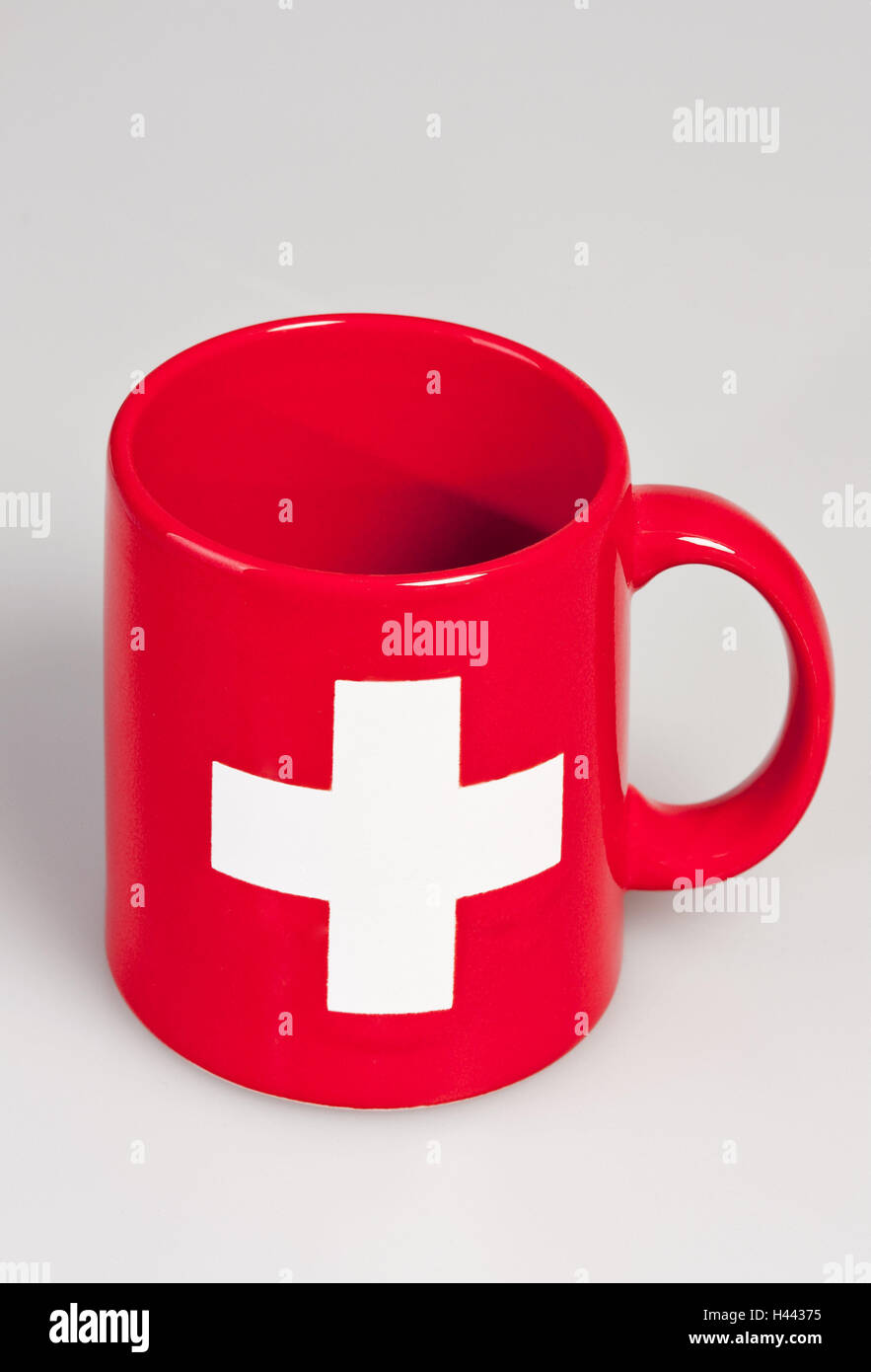 Cup, red, print, cross, white, Switzerland, Europe, colour, dishes, Swiss, coffee cup, teacup, conspicuously, studio, Stock Photo