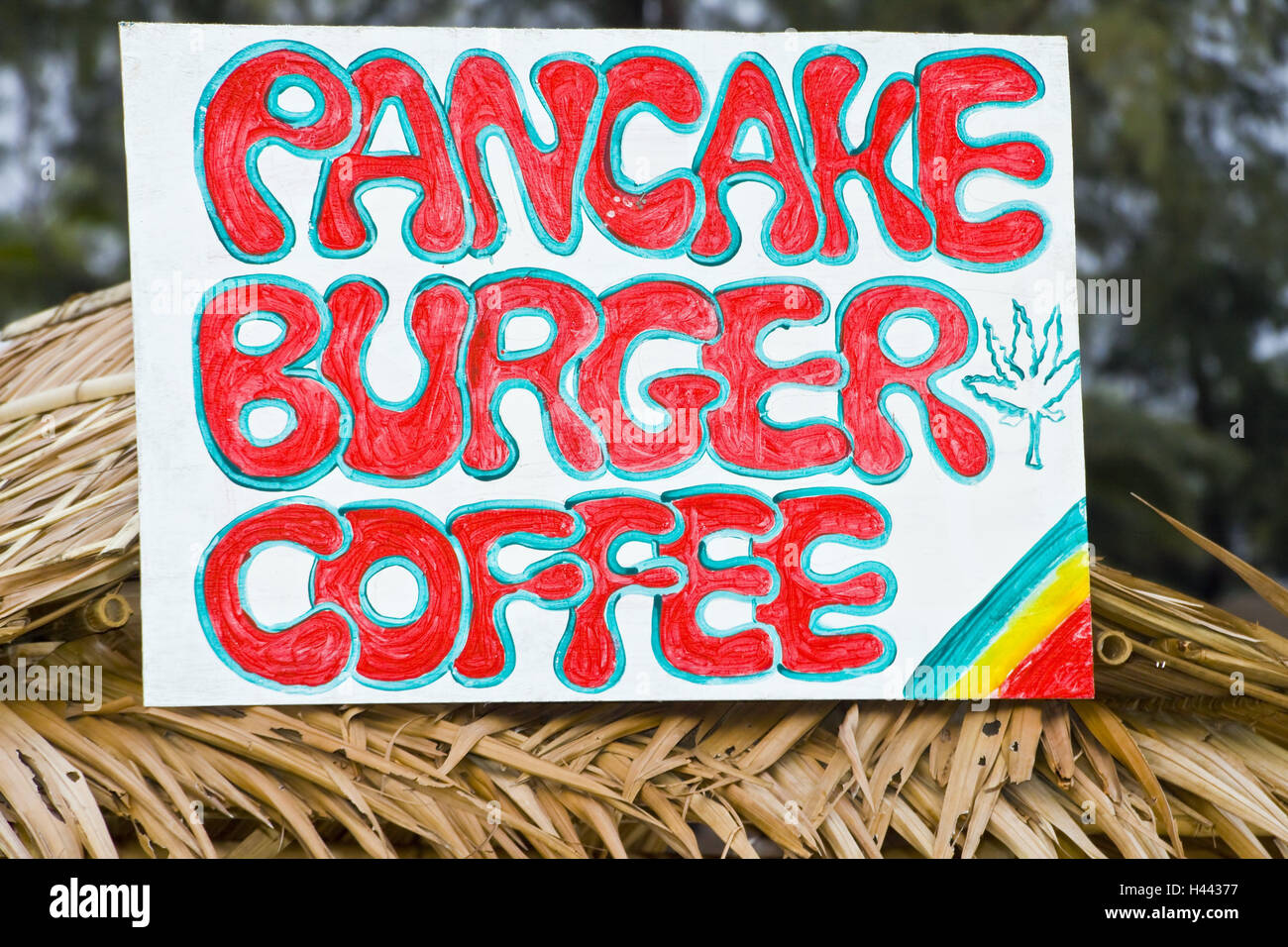 Snack, sign, detail, Thailand, beach, Runable aground, bar, bar, snack stall, Asia, outside, South-East Asia, destination, tourism, Pancake, Burger, Coffe, offer, atypical, radiant, red, brightly, Stock Photo