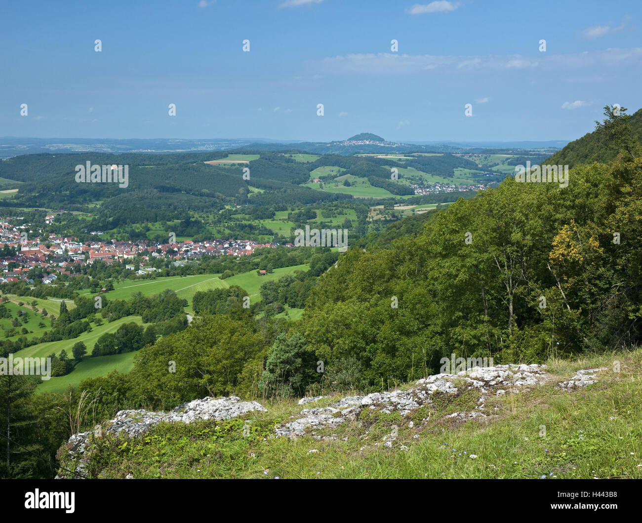Germany, Baden-Wurttemberg, village Donz, view from the mountain Messel over village Donz to the Hohenstaufen, Stock Photo