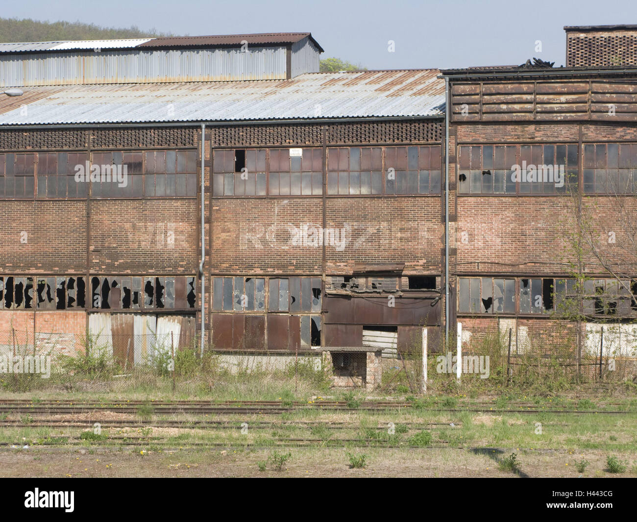 Factory buildings, expire, nobody, factory, building, old, exited, destroys, hopelessly, railroad, slogan, Thale, east resin, Saxony-Anhalt, Germany, Stock Photo