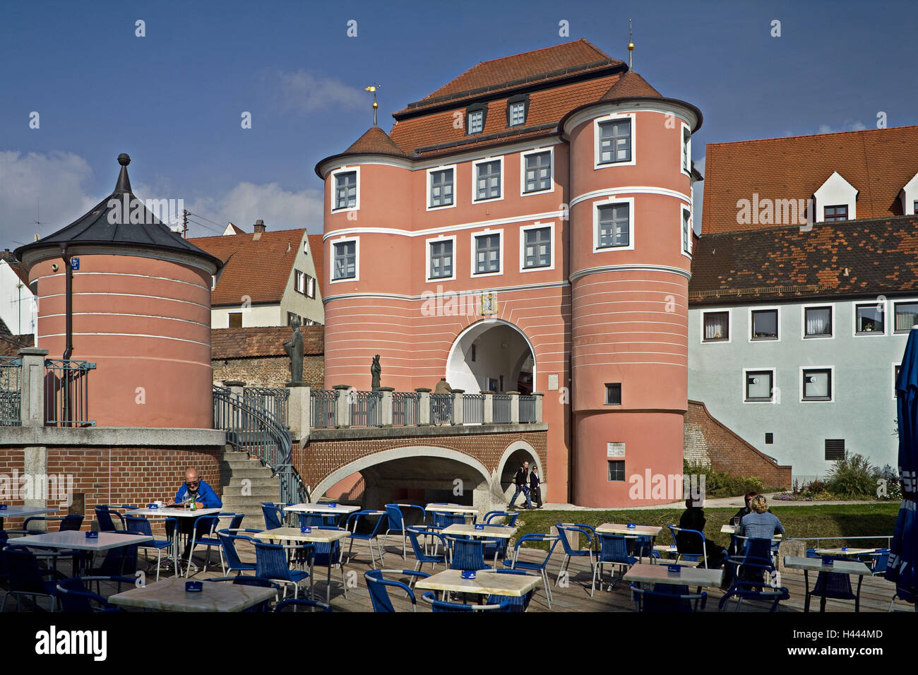 Germany, Bavaria, Swabia, Donauwoerth, Riedertor, street cafe, Stock Photo