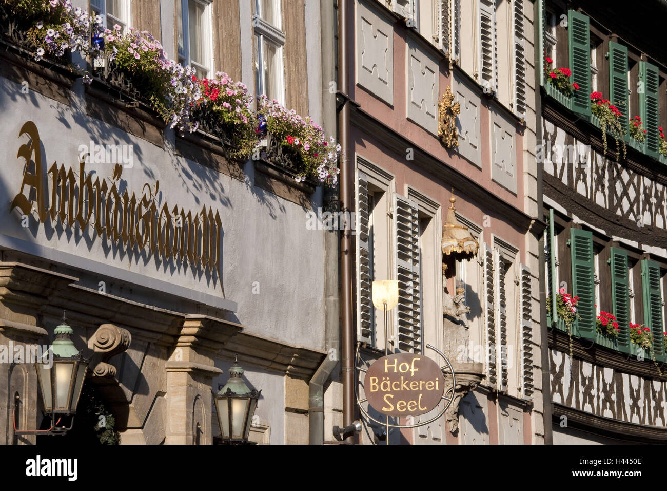 Restaurant Ambräusianum, house facades, Dominikanerstrasse, Old Town, Bamberg, Franconia, Bavaria, Germany, Stock Photo