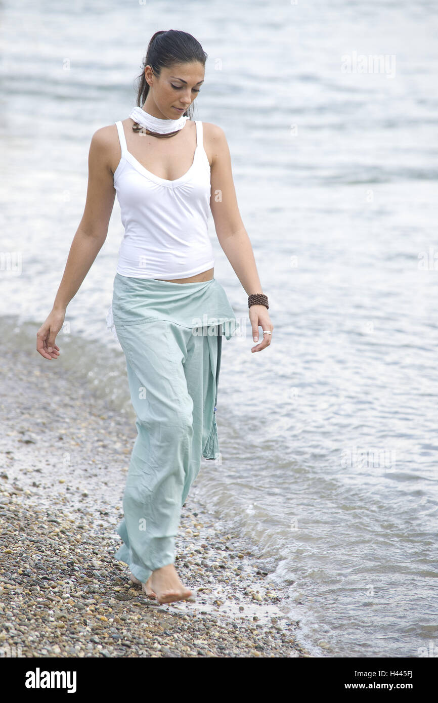 Woman, young, barefoot, walk, beach, Stock Photo