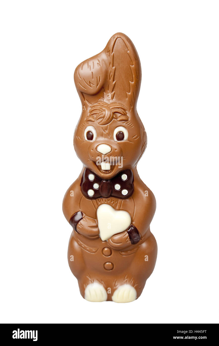 Chocolate Easter bunny, Easter bunny, hare, chocolate, Easter, figure, sweets, sweetly, rich in calorie, happy, laughs, sweetly, Easter present, heart, studio, cut out, Stock Photo