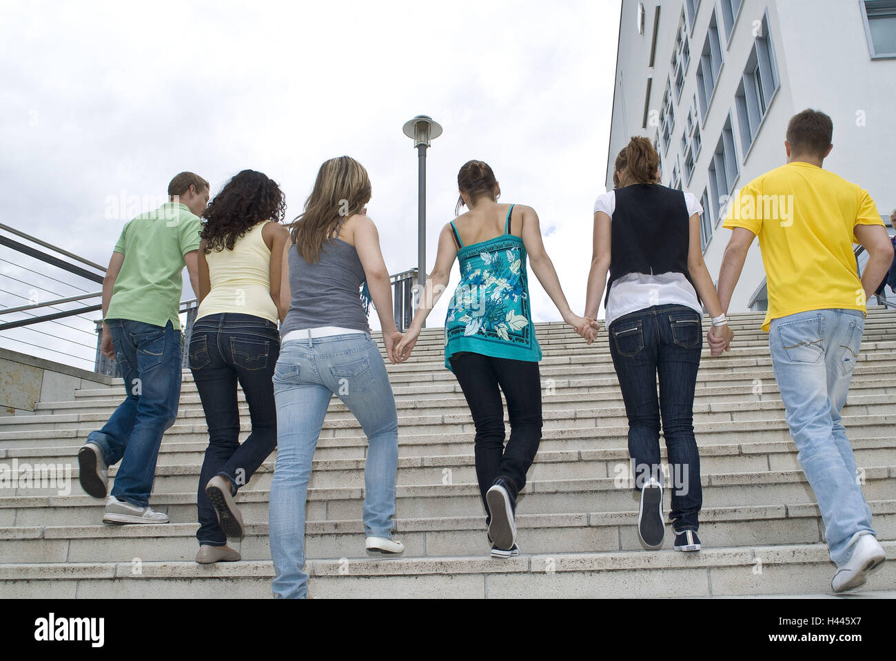 six young people, stairs, outside, go up, Stock Photo