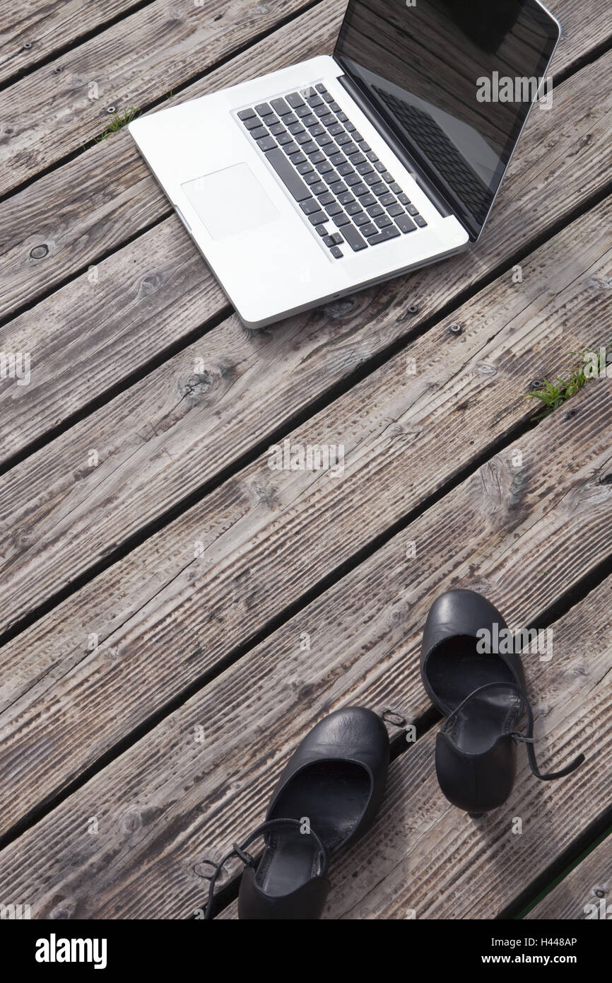 Rennet top, women's shoes, wooden jetty, Stock Photo