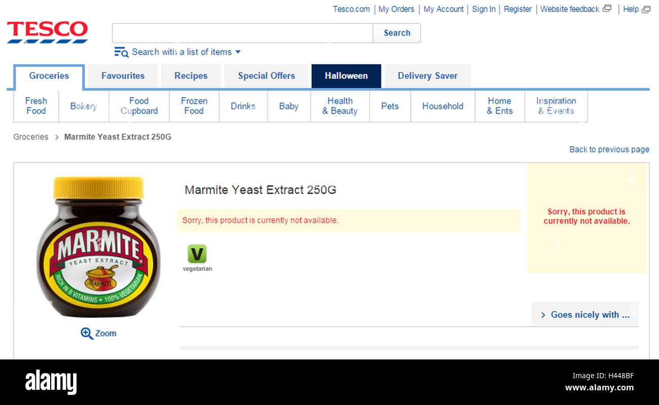 Screengrab of the Tesco website showing Marmite unavailable after a pricing row between the supermarket chain and Unilever who are believed to have demanded a 10% price rise due to the falling value of sterling. Stock Photo