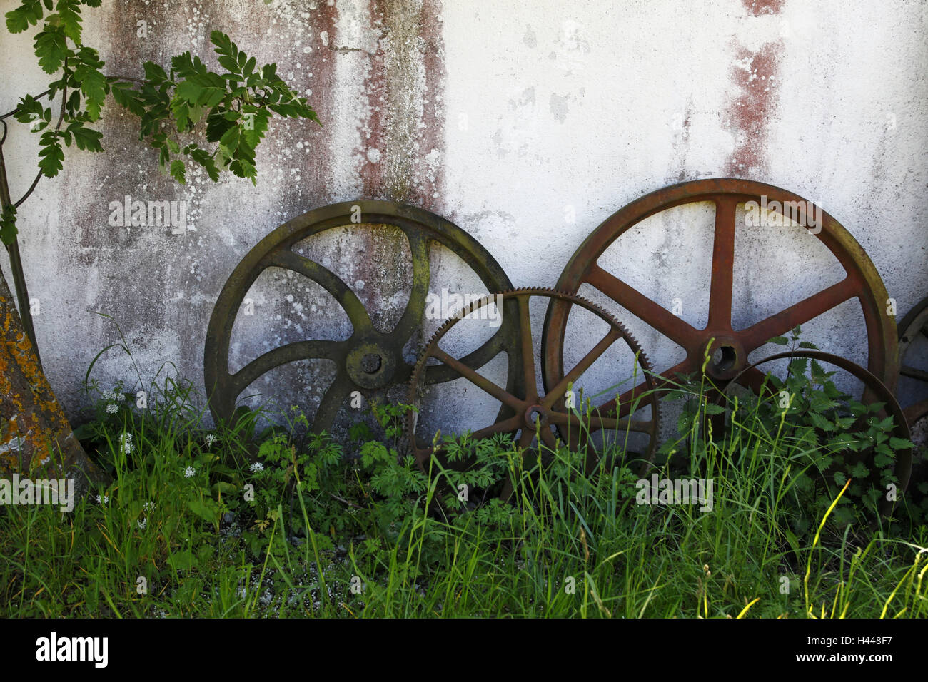 Sweden, scrap yard, metal wheels, old, rusty, Stock Photo