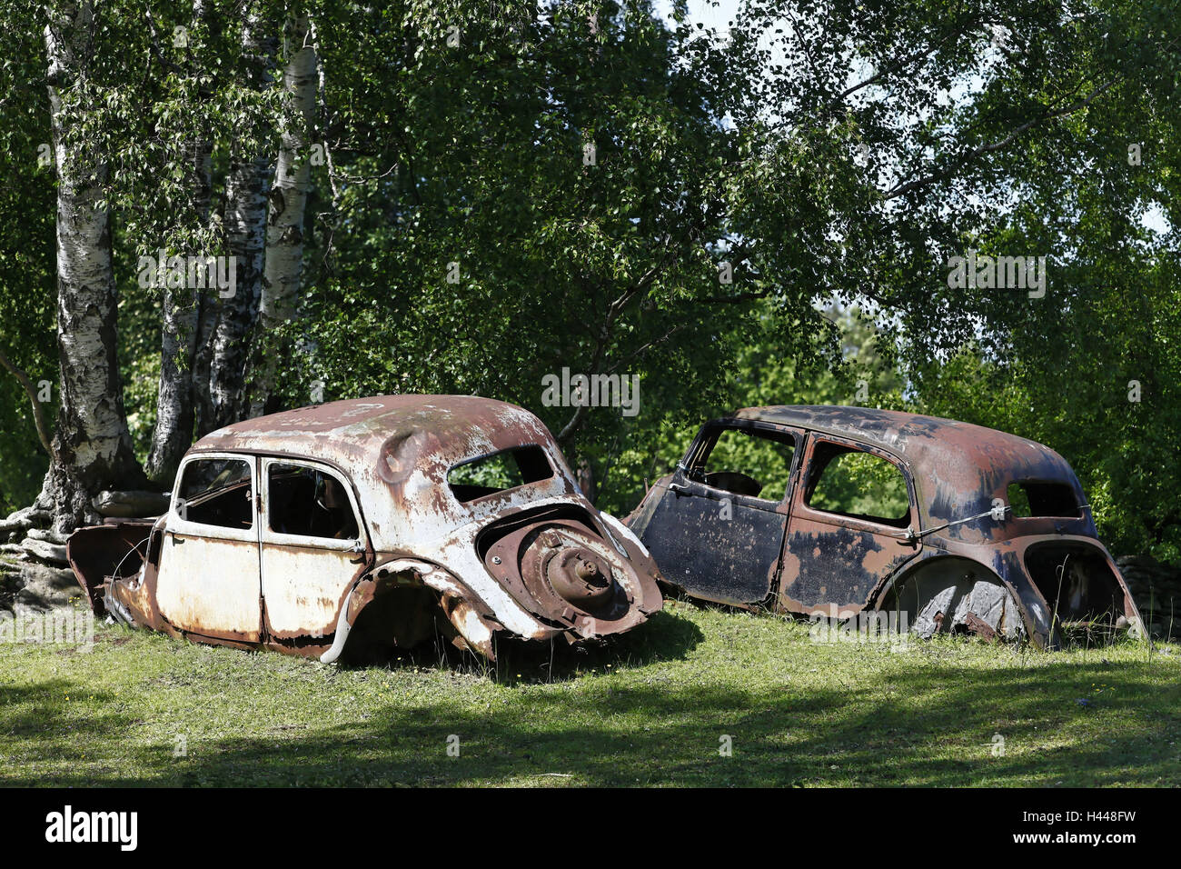 Cars, old, rusty, scrap yard, Swede, Stock Photo