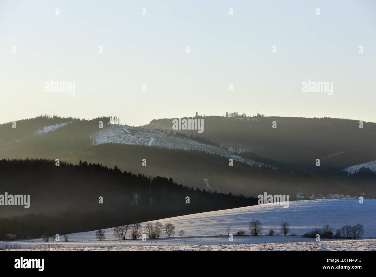 Germany, Thuringia, Thuringian wood, Kickelhahn, evening light, winter, place of interest, destination, tourism, scenery, hill, mountain, foggy, fields, woods, snow-covered, snow, season, heaven, cloudless, sunny, Stock Photo