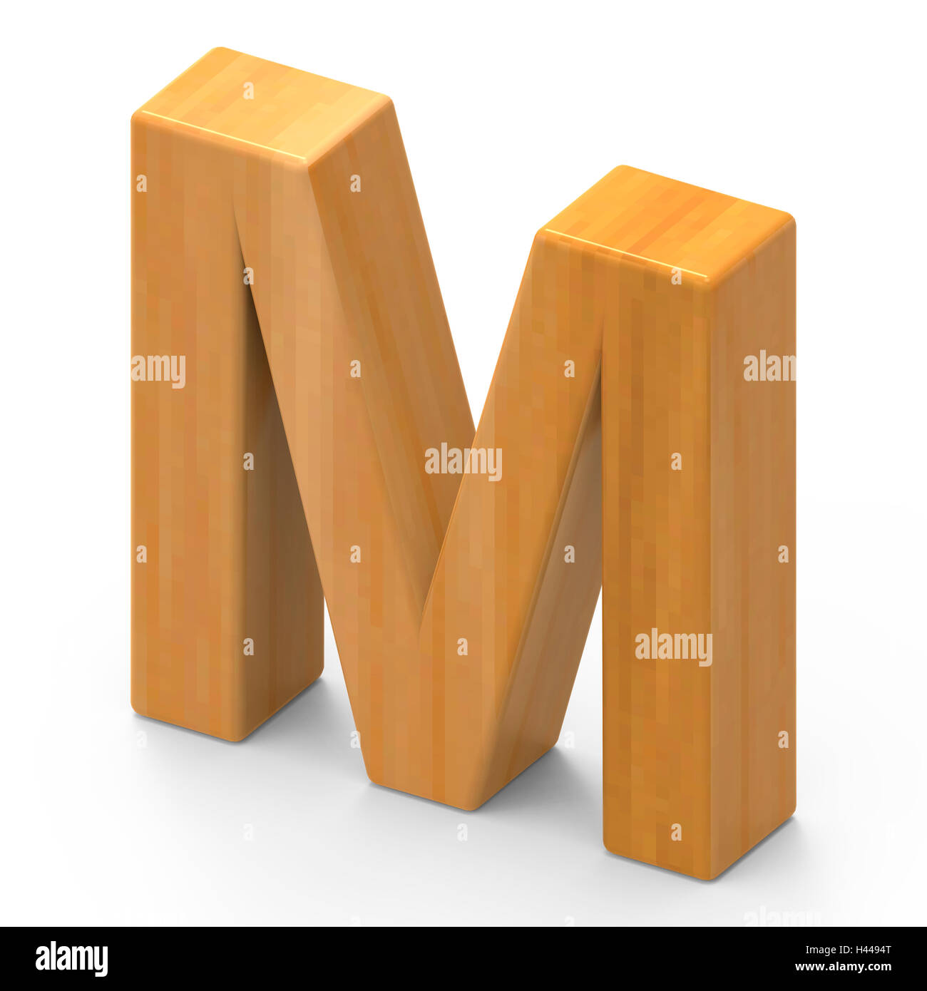 3D rendering wooden grain letter M isolated on white background, light