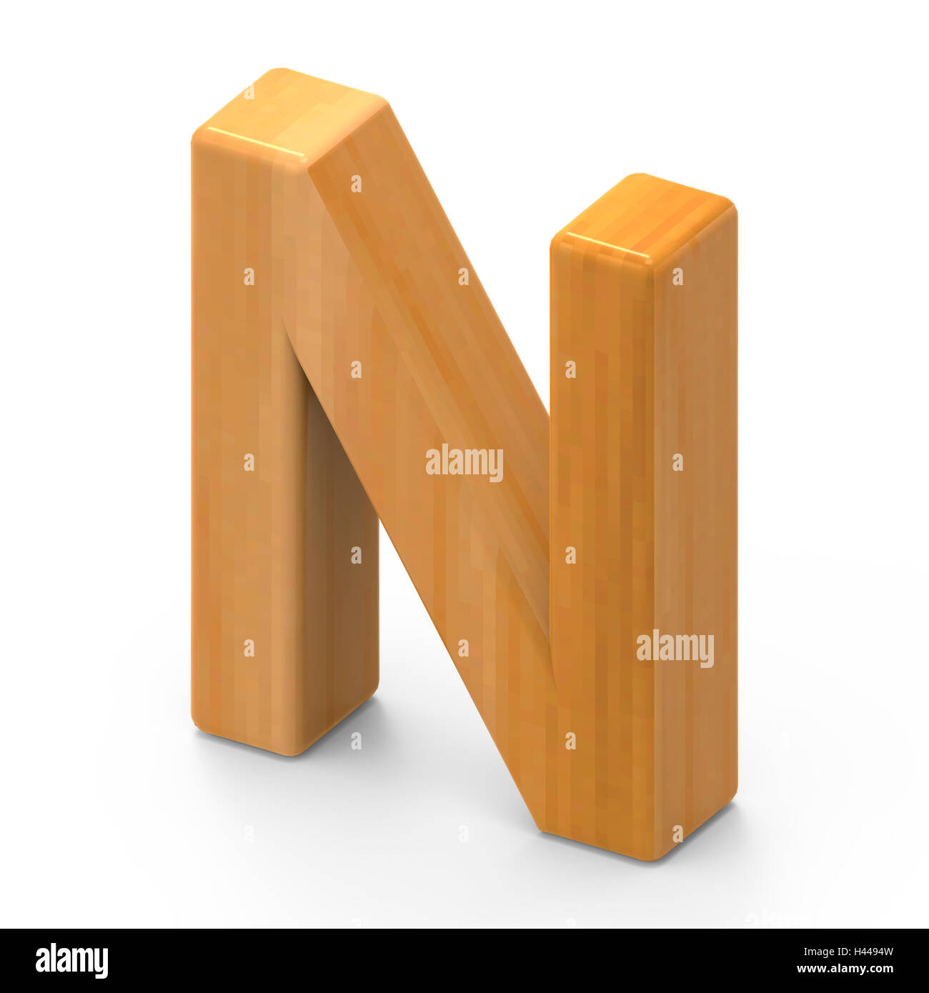 3D rendering wooden grain letter N isolated on white background, light