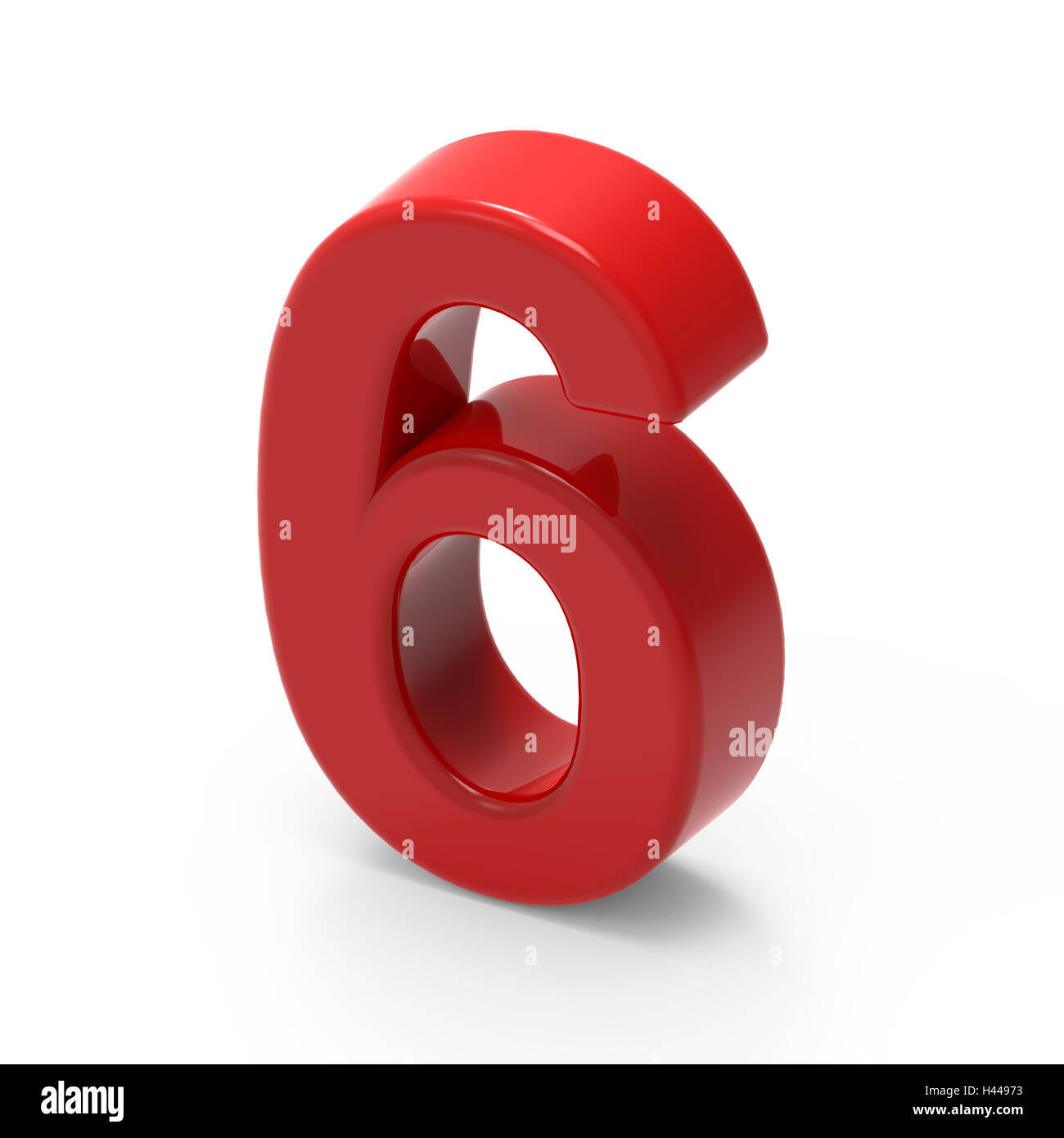 3D rendering smooth red number 6 isolated on white background, smooth texture red number, top view right side Stock Photo