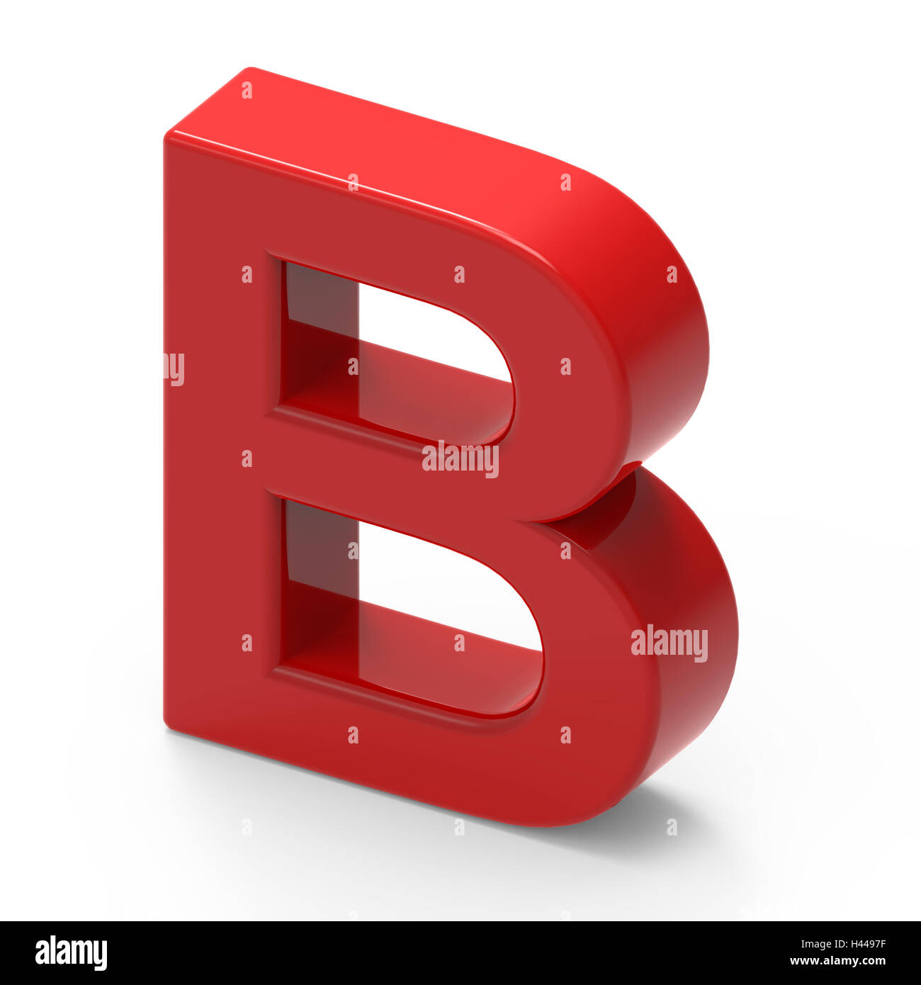 3D rendering red capital letter B isolated on white background, smooth texture red font, top view right side letter Stock Photo