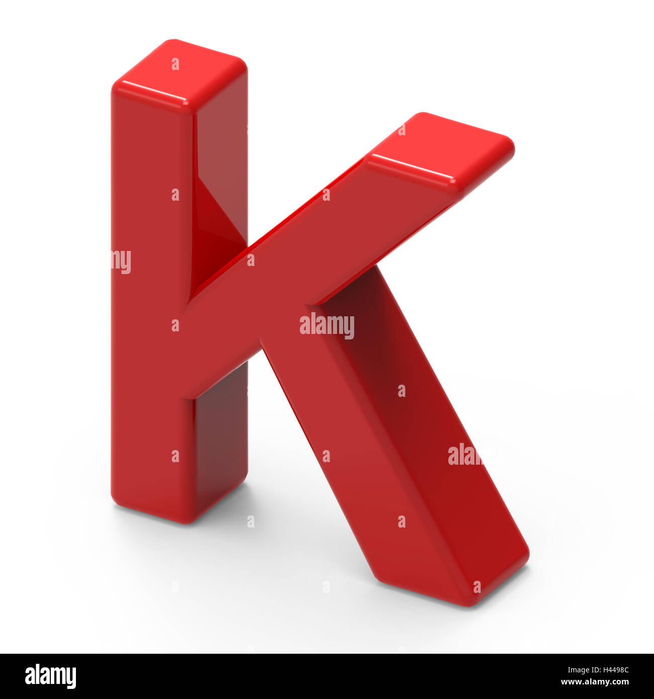 3D rendering red capital letter K isolated on white background, smooth texture red font, top view right side letter Stock Photo