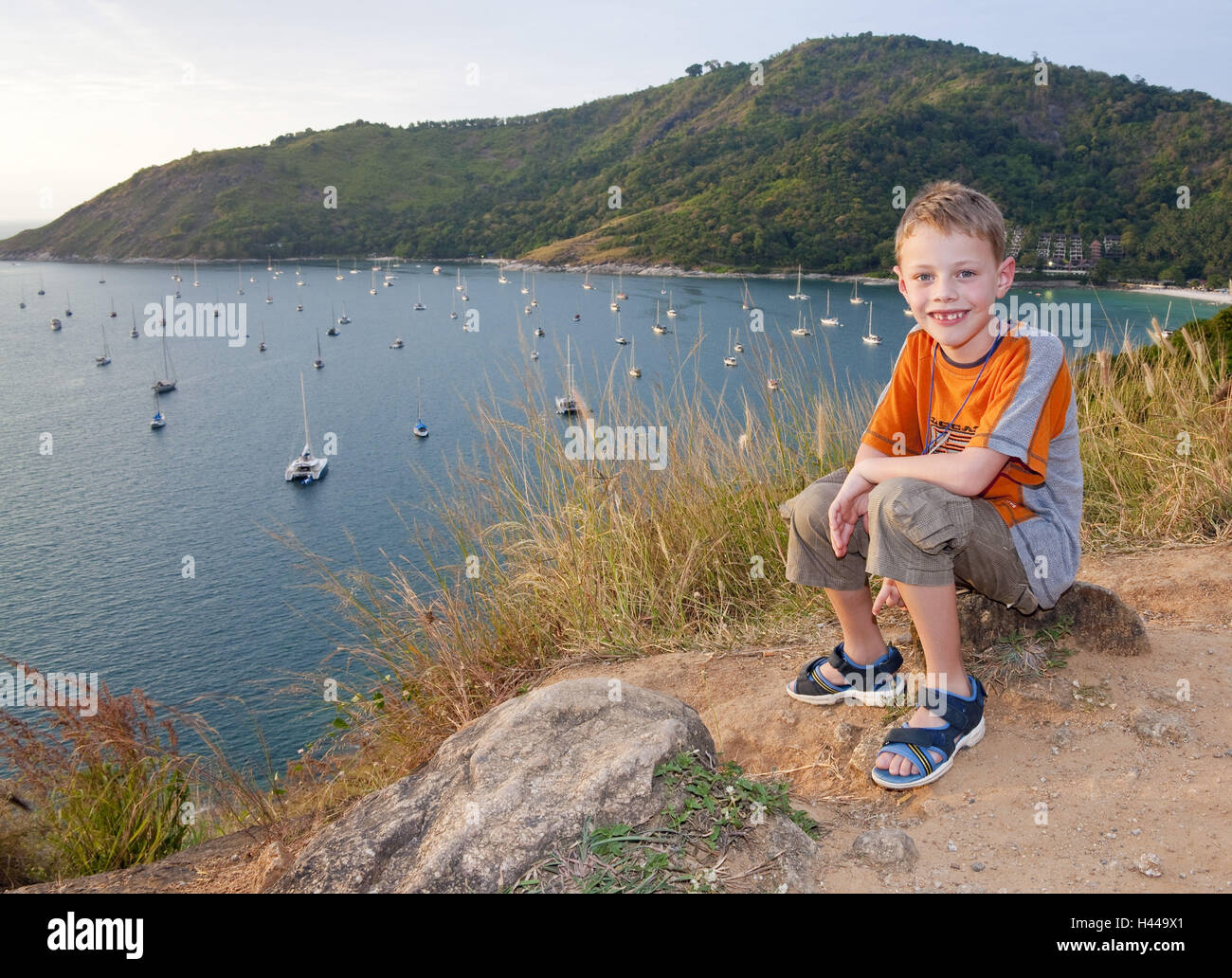 Thailand, island Phuket, Nai Harn Beach, bay, sailboats, lookout, boy, Stock Photo