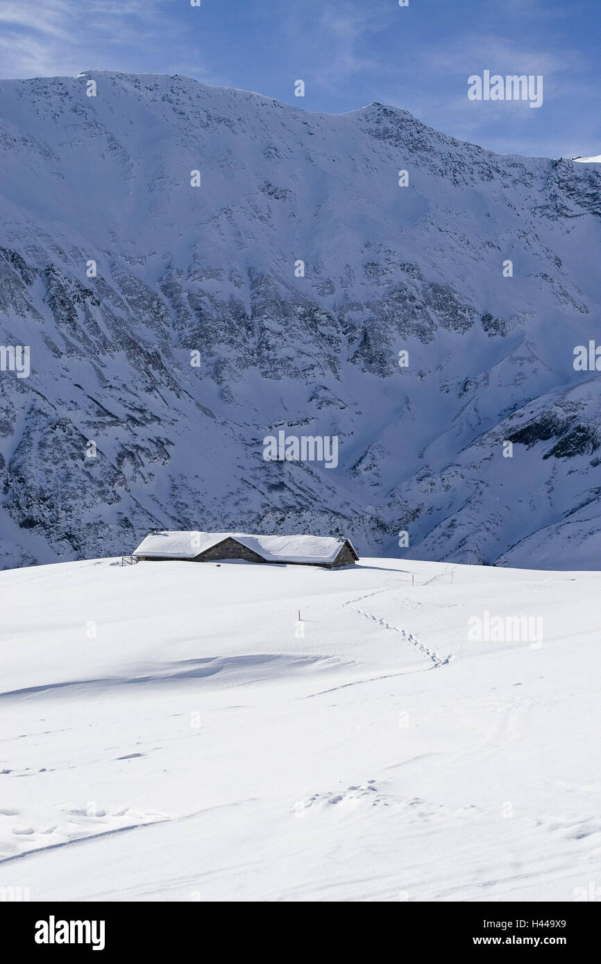 Switzerland, canton Glaris, Glarner alps, hut, nobody, winter, alps, Elm, Glaris, alp, alp hut, ski hut, house, roof, house roof, snow, tracks, scenery, wintry, winter scenery, Stock Photo
