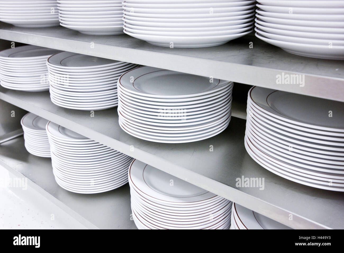 Shelf, plate, stacked, dishes, porcelain, batch, order, cleanly, white, cuisine, Stock Photo