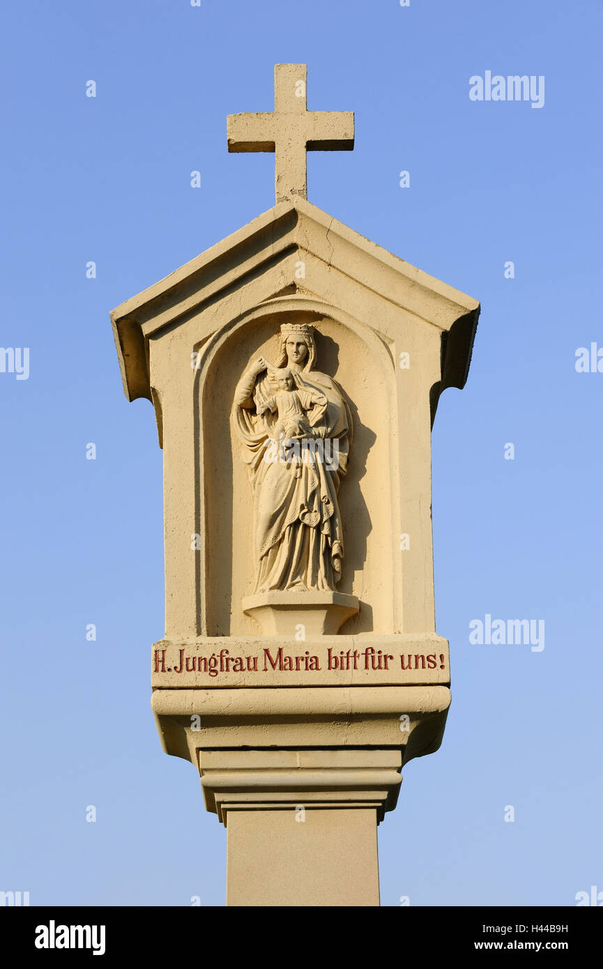 Wayside shrine, detail, madonna figure, saying, Stock Photo