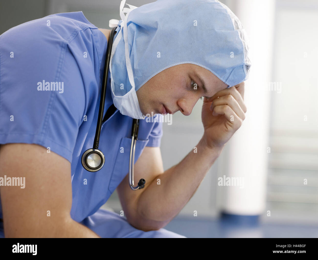Doctor, houseman, thoughtful, exhausts, hospital, clinic, operation, Stock Photo