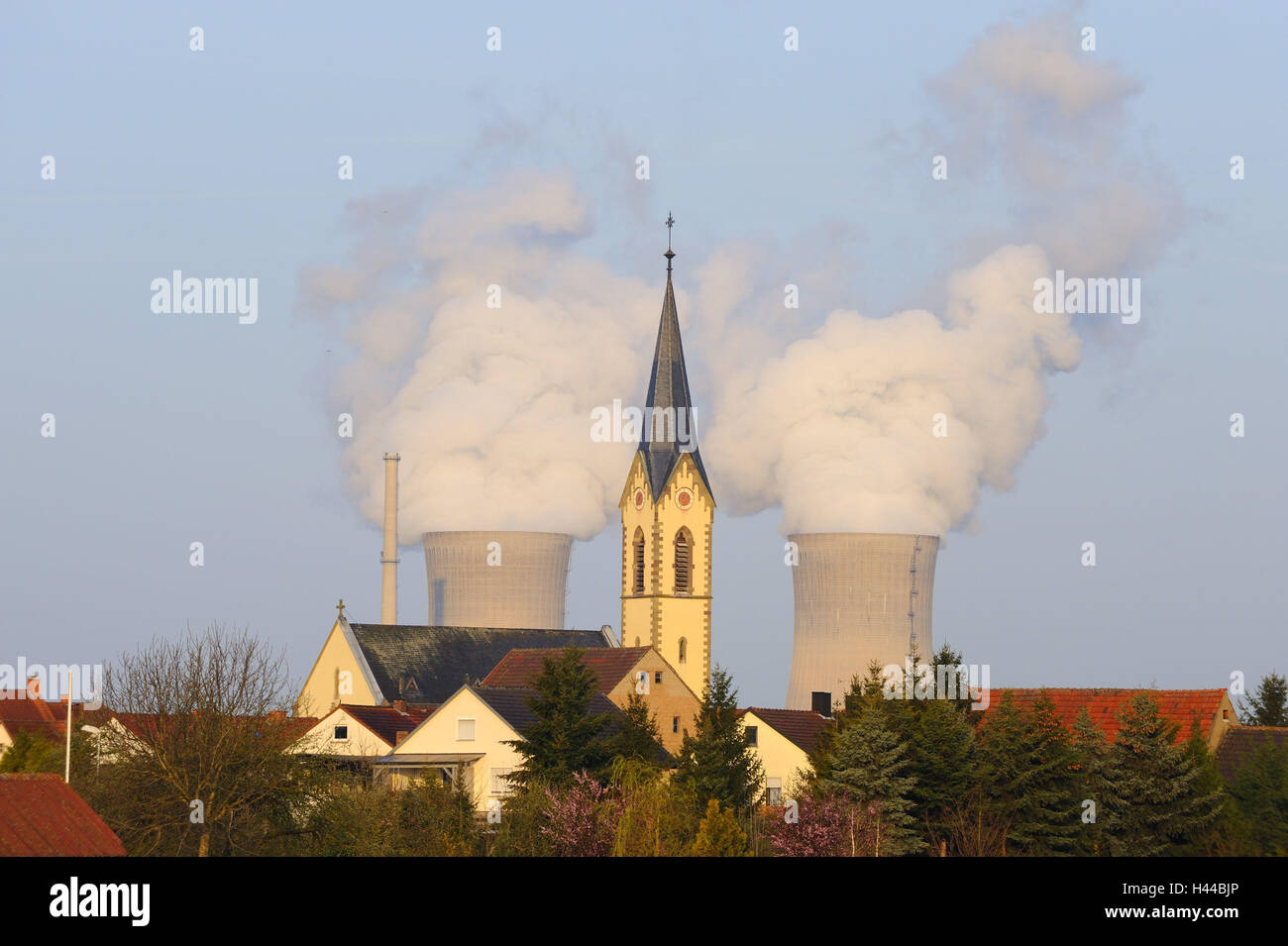 Germany, Bavaria, Lower Franconia, little Rothe, local view, church, nuclear power plant, Stock Photo