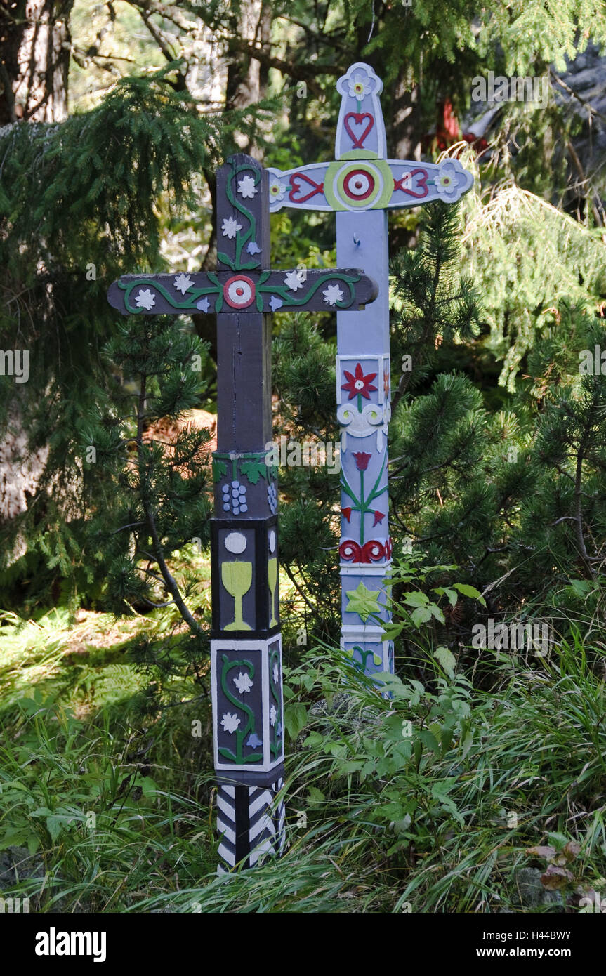 wooden crosses, symbolic cemetery, Strbske Pleso, national park the high Tatra Mountains, Presovsky kraj, Slovakia, Stock Photo