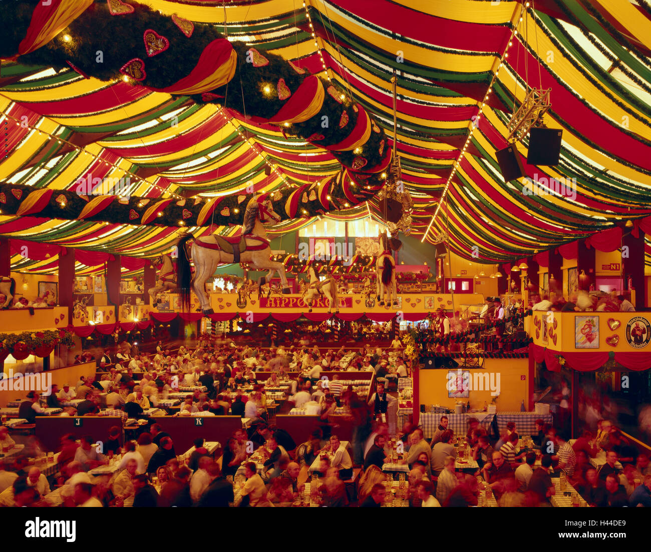 Germany, Bavaria, Munich, Oktoberfest, fixed tent, Hippodrom, visitor, inside, overview, Upper Bavaria, Theresienwiese, feast, public festival, person, Wiesn, pleasure feast, fairground, gastronomy, tourism, attraction, world-renowned, famous, amusements, Stock Photo