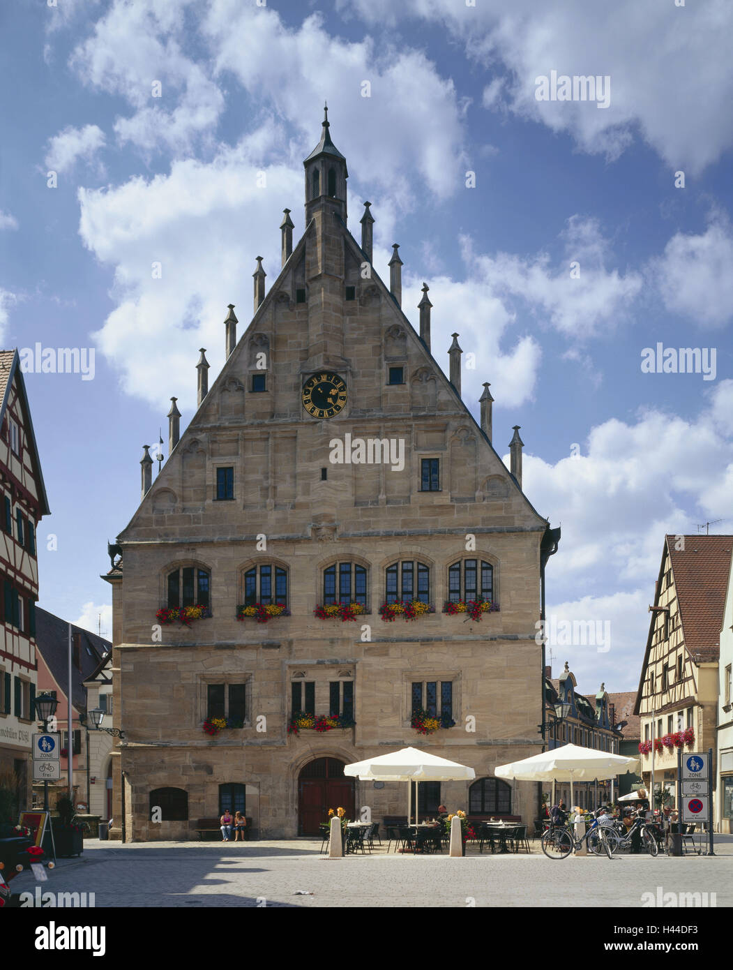 Germany, Bavaria, white castle, city hall, late Gothic, street cafe, Central Franconia, town, townscape, house, building, facade, Late-Gothic, place of interest, cafe, restaurant, summer, outside, Stock Photo