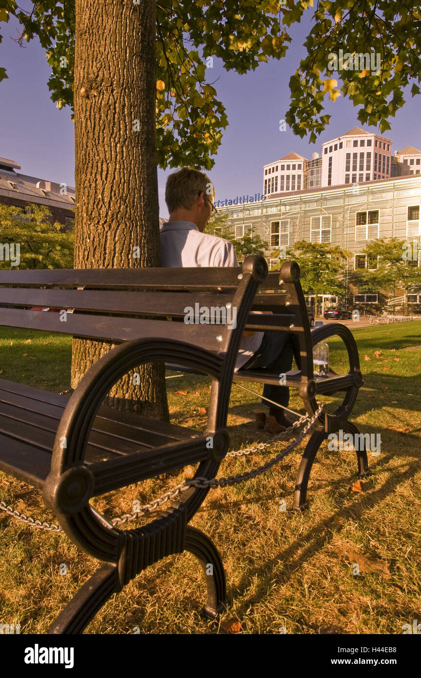 Park-bench, man, back view, west town park, west town, food, North Rhine-Westphalia, Germany, Stock Photo
