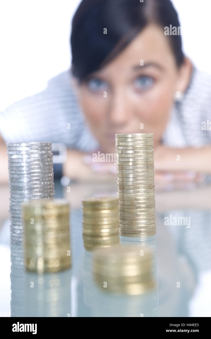 Woman, young, vague, view, batch coins, Stock Photo