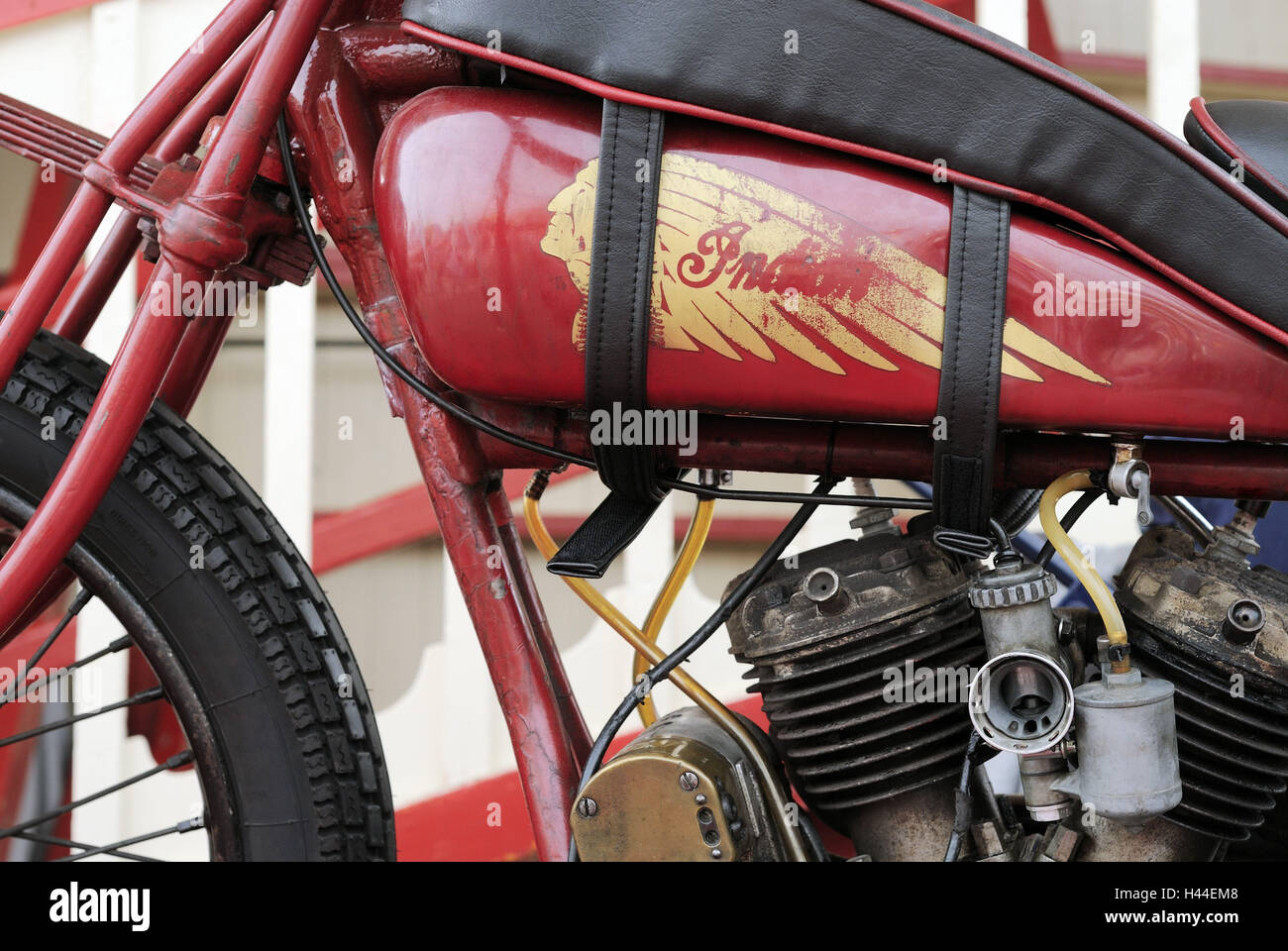 Motorcycle, detail, engine, cylinder, tank, carburettor, tyre, Indian, red, old, stroke, motorcycle show, Oktoberfest, Munich, Bavaria, Germany, Stock Photo