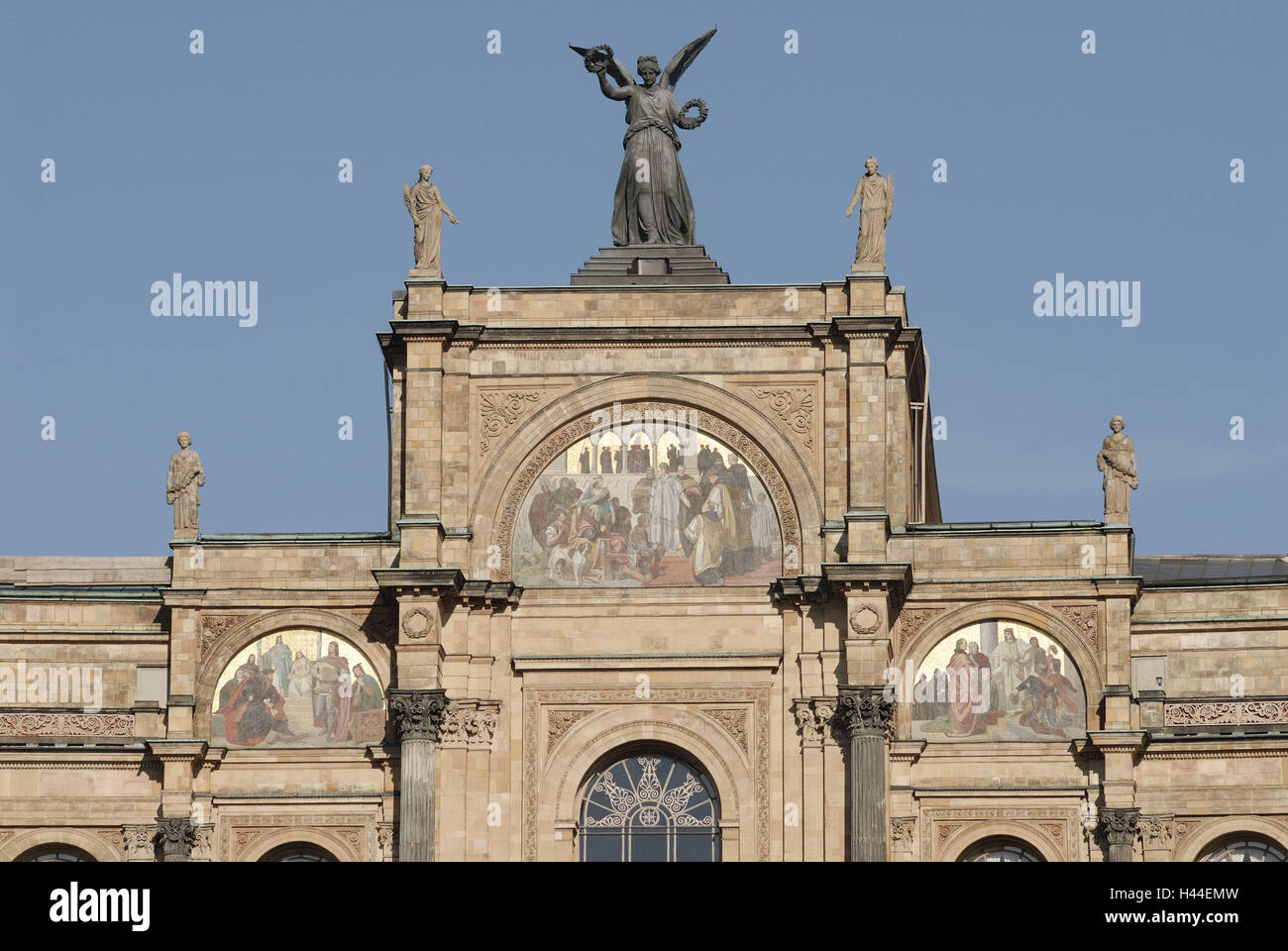 Maximilianeum, central block, round arch, facade, statues, mosaic, window, heaven, Germany, Bavaria, Munich, Stock Photo