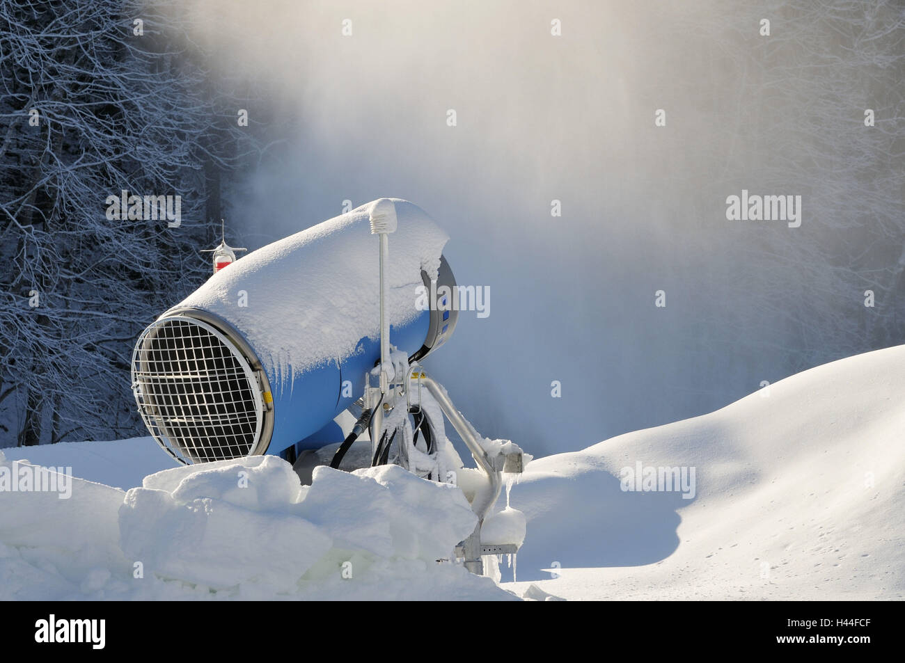 Snow cannon, blue, freezes over, snowy, snow, wood, winter, Stock Photo
